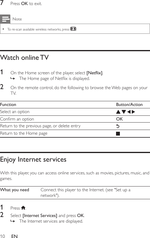 10 EN7  Press OK to exit.Note •To re-scan available wireless networks, press  .Watch  online TV1  On the Home screen of the player, select [Netix]. » TheHomepageofNetixisdisplayed.2  On the remote control, do the following to browse the Web pages on your TV.Function Button/ActionSelect an option    Conrmanoption OKReturn to the previous page, or delete entryReturn to the Home pageEnjoy Internet servicesWith this player, you can access online services, such as movies, pictures, music, and games.What you need Connect this player to the Internet. (see &quot;Set up a network&quot;).1  Press  .2  Select [Internet Services] and press OK.  » The Internet services are displayed.