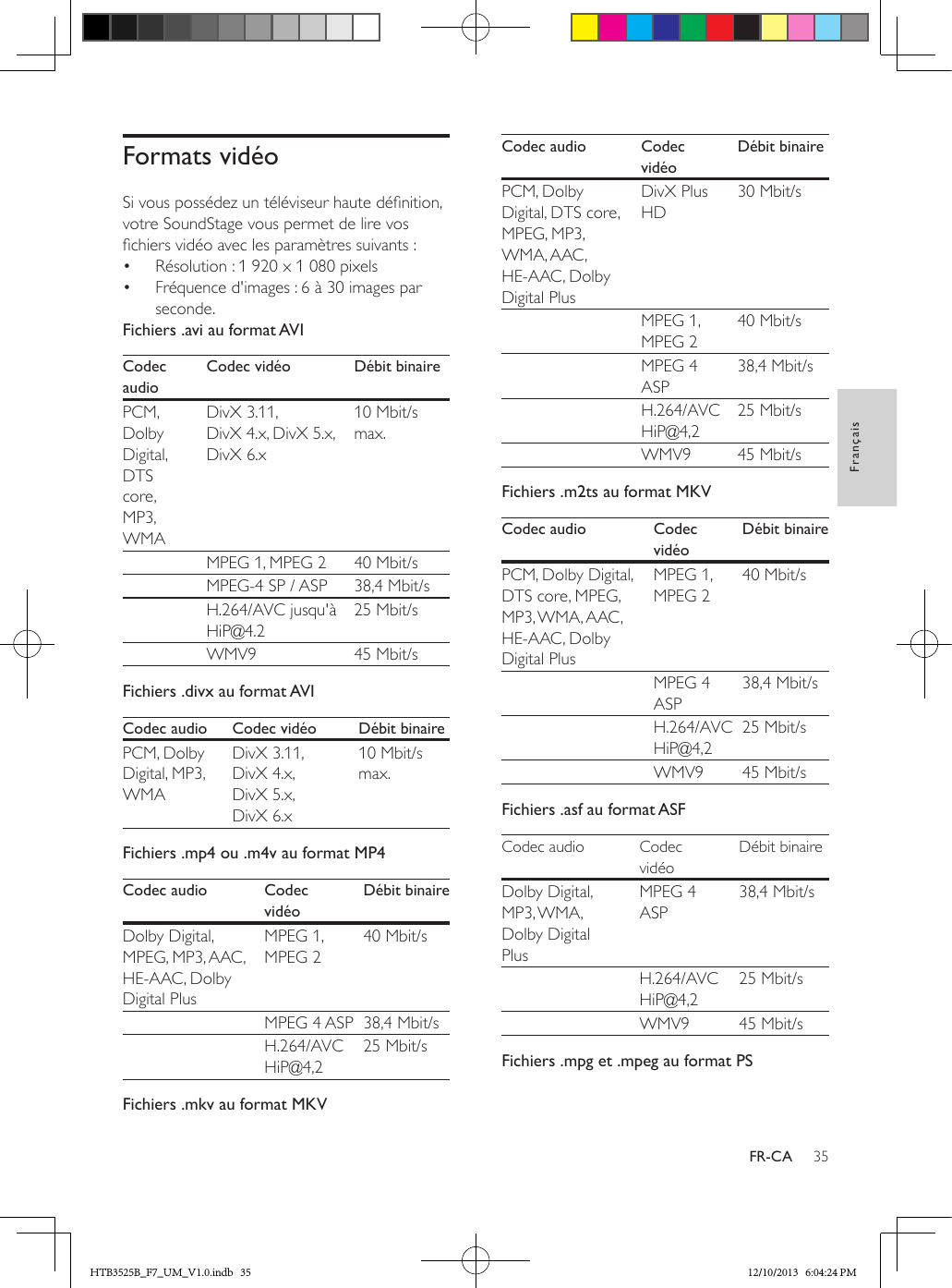35FrançaisFR-CAFormats vidéoSi vous possédez un téléviseur haute dénition, votre SoundStage vous permet de lire vos chiers vidéo avec les paramètres suivants :•  Résolution : 1 920 x 1 080 pixels•  Fréquence d&apos;images : 6 à 30 images par seconde. Fichiers .avi au format AVICodec audioCodec vidéo Débit binairePCM, Dolby Digital, DTS core, MP3, WMADivX 3.11, DivX 4.x, DivX 5.x, DivX 6.x10 Mbit/s max.  MPEG 1, MPEG 2 40 Mbit/s  MPEG-4 SP / ASP 38,4 Mbit/s  H.264/AVC jusqu&apos;à HiP@4.225 Mbit/s  WMV9 45 Mbit/sFichiers .divx au format AVICodec audio Codec vidéo Débit binairePCM, Dolby Digital, MP3, WMADivX 3.11, DivX 4.x, DivX 5.x, DivX 6.x10 Mbit/s max.Fichiers .mp4 ou .m4v au format MP4Codec audio Codec vidéoDébit binaireDolby Digital, MPEG, MP3, AAC, HE-AAC, Dolby Digital PlusMPEG 1, MPEG 240 Mbit/s  MPEG 4 ASP 38,4 Mbit/s  H.264/AVC HiP@4,225 Mbit/sFichiers .mkv au format MKVCodec audio Codec vidéoDébit binairePCM, Dolby Digital, DTS core, MPEG, MP3, WMA, AAC, HE-AAC, Dolby Digital PlusDivX Plus HD30 Mbit/s  MPEG 1, MPEG 240 Mbit/s  MPEG 4 ASP38,4 Mbit/s  H.264/AVC HiP@4,225 Mbit/s  WMV9 45 Mbit/sFichiers .m2ts au format MKVCodec audio Codec vidéoDébit binairePCM, Dolby Digital, DTS core, MPEG, MP3, WMA, AAC, HE-AAC, Dolby Digital PlusMPEG 1, MPEG 240 Mbit/s  MPEG 4 ASP38,4 Mbit/s  H.264/AVC HiP@4,225 Mbit/s  WMV9 45 Mbit/sFichiers .asf au format ASF Codec audio Codec vidéoDébit binaireDolby Digital, MP3, WMA, Dolby Digital PlusMPEG 4 ASP38,4 Mbit/sH.264/AVC HiP@4,225 Mbit/sWMV9 45 Mbit/sFichiers .mpg et .mpeg au format PSHTB3525B_F7_UM_V1.0.indb   35 12/10/2013   6:04:24 PM