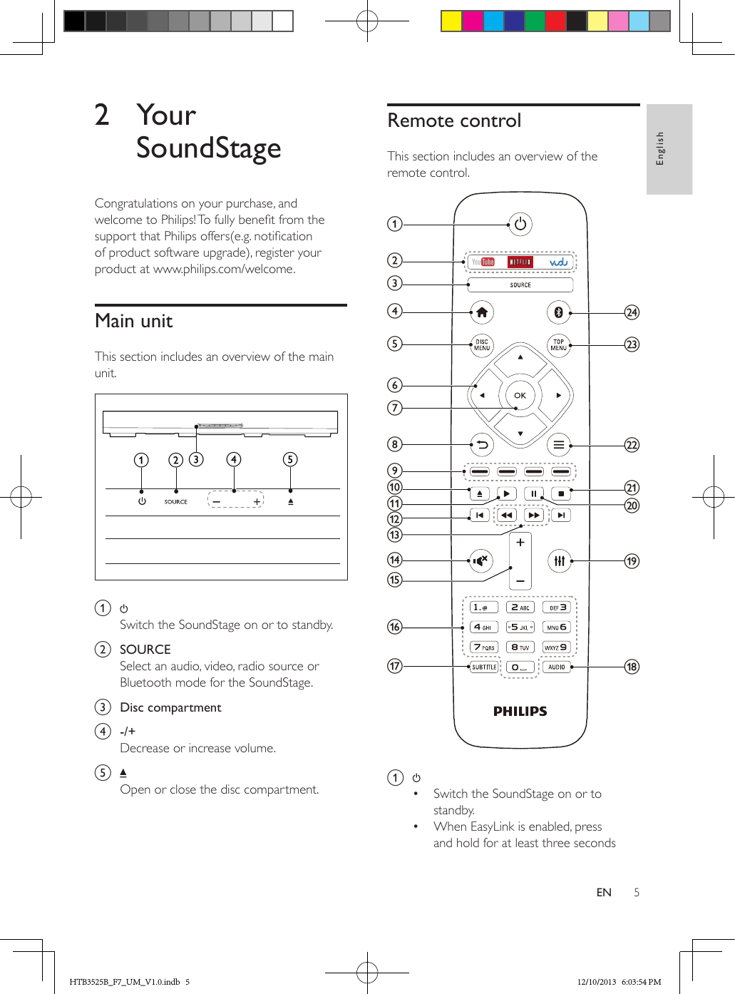 5EnglishEN2 Your SoundStageCongratulations on your purchase, and welcome to Philips! To fully benet from the support that Philips offers(e.g. notication of product software upgrade), register your product at www.philips.com/welcome.Main unitThis section includes an overview of the main unit.  a Switch the SoundStage on or to standby.b  SOURCESelect an audio, video, radio source or Bluetooth mode for the SoundStage.c  Disc compartmentd  -/+Decrease or increase volume.e Open or close the disc compartment.eabdcRemote controlThis section includes an overview of the remote control.  a •  Switch the SoundStage on or to standby.•  When EasyLink is enabled, press and hold for at least three seconds srdexwjlahvcnqifgmoktubpHTB3525B_F7_UM_V1.0.indb   5 12/10/2013   6:03:54 PM