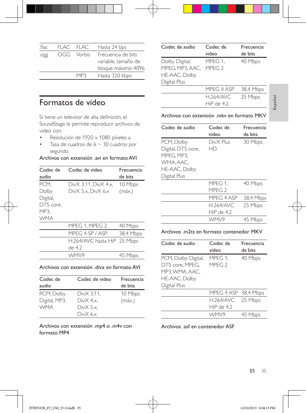 35EspañolES.ac FLAC FLAC Hasta 24 bps.ogg OGG Vorbis Frecuencia de bits variable, tamaño de bloque máximo 4096    MP3 Hasta 320 kbpsFormatos de videoSi tiene un televisor de alta denición, el SoundStage le permite reproducir archivos de video con:•  Resolución de 1920 x 1080 píxeles a•  Tasa de cuadros de 6 ~ 30 cuadros por segundo. Archivos con extensión .avi en formato AVICodec de audioCodec de video Frecuencia de bitsPCM, Dolby Digital, DTS core, MP3, WMADivX 3.11, DivX 4.x, DivX 5.x, DivX 6.x10 Mbps (máx.)  MPEG 1, MPEG 2 40 Mbps  MPEG 4 SP / ASP 38,4 Mbps  H.264/AVC hasta HiP de 4.225 Mbps  WMV9 45 MbpsArchivos con extensión .divx en formato AVICodec de audioCodec de video Frecuencia de bitsPCM, Dolby Digital, MP3, WMADivX 3.11, DivX 4.x, DivX 5.x, DivX 6.x10 Mbps (máx.)Archivos con extensión .mp4 o .m4v con formato MP4Codec de audio Codec de videoFrecuencia de bitsDolby Digital, MPEG, MP3, AAC, HE-AAC, Dolby Digital PlusMPEG 1, MPEG 240 Mbps  MPEG 4 ASP 38,4 Mbps  H.264/AVC HiP de 4.225 MbpsArchivos con extensión .mkv en formato MKVCodec de audio Codec de videoFrecuencia de bitsPCM, Dolby Digital, DTS core, MPEG, MP3, WMA, AAC, HE-AAC, Dolby Digital PlusDivX Plus HD30 Mbps  MPEG 1, MPEG 240 Mbps  MPEG 4 ASP 38,4 Mbps  H.264/AVC HiP de 4.225 Mbps  WMV9 45 MbpsArchivos .m2ts en formato contenedor MKVCodec de audio Codec de videoFrecuencia de bitsPCM, Dolby Digital, DTS core, MPEG, MP3, WMA, AAC, HE-AAC, Dolby Digital PlusMPEG 1, MPEG 240 Mbps  MPEG 4 ASP 38,4 Mbps  H.264/AVC HiP de 4.225 Mbps  WMV9 45 MbpsArchivos .asf en contenedor ASF HTB3525B_F7_UM_V1.0.indb   35 12/10/2013   6:04:13 PM