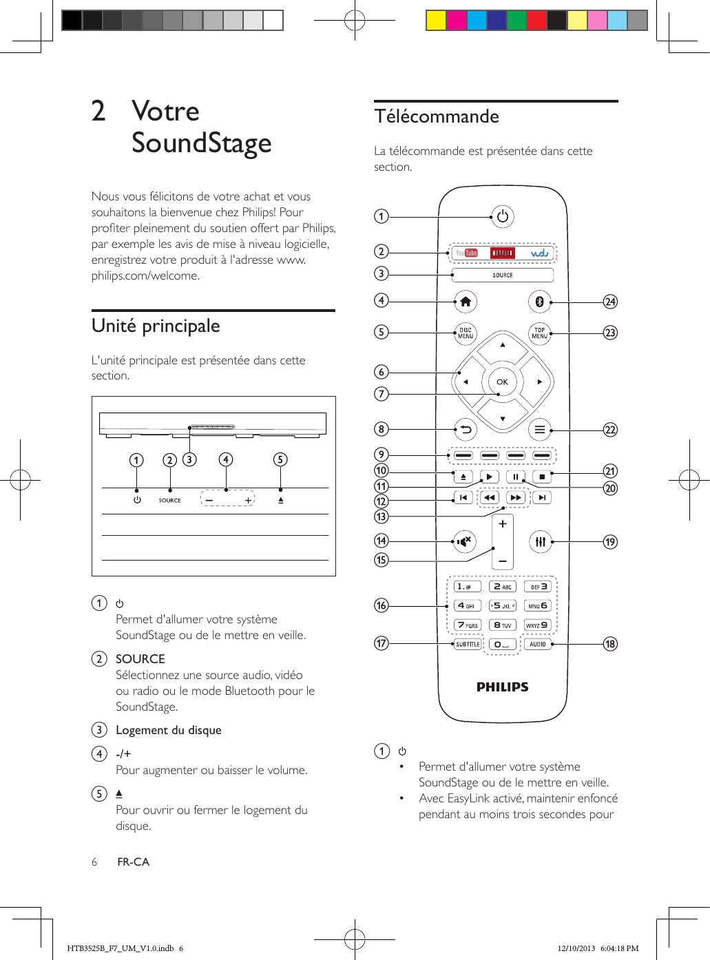 6FR-CA2 Votre SoundStageNous vous félicitons de votre achat et vous souhaitons la bienvenue chez Philips! Pour proter pleinement du soutien offert par Philips, par exemple les avis de mise à niveau logicielle, enregistrez votre produit à l&apos;adresse www.philips.com/welcome.Unité principaleL&apos;unité principale est présentée dans cette section.  a Permet d&apos;allumer votre système SoundStage ou de le mettre en veille.b  SOURCESélectionnez une source audio, vidéo ou radio ou le mode Bluetooth pour le SoundStage.c  Logement du disqued  -/+Pour augmenter ou baisser le volume.e Pour ouvrir ou fermer le logement du disque.eabdcTélécommandeLa télécommande est présentée dans cette section.  a •  Permet d&apos;allumer votre système SoundStage ou de le mettre en veille.•  Avec EasyLink activé, maintenir enfoncé pendant au moins trois secondes pour srdexwjlahvcnqifgmoktubpHTB3525B_F7_UM_V1.0.indb   6 12/10/2013   6:04:18 PM