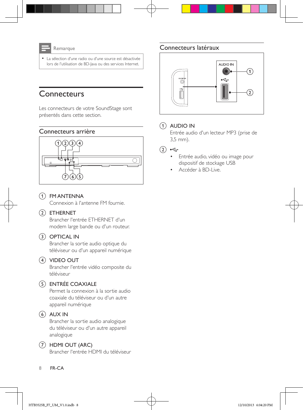 8FR-CARemarque • La sélection d&apos;une radio ou d&apos;une source est désactivée lors de l&apos;utilisation de BD-Java ou des services Internet.ConnecteursLes connecteurs de votre SoundStage sont présentés dans cette section.Connecteurs arrière  a  FM ANTENNAConnexion à l&apos;antenne FM fournie.b  ETHERNETBrancher l&apos;entrée ETHERNET d&apos;un modem large bande ou d&apos;un routeur.c  OPTICAL INBrancher la sortie audio optique du téléviseur ou d&apos;un appareil numériqued  VIDEO OUTBrancher l&apos;entrée vidéo composite du téléviseure  ENTRÉE COAXIALEPermet la connexion à la sortie audio coaxiale du téléviseur ou d&apos;un autre appareil numériquef  AUX INBrancher la sortie audio analogique du téléviseur ou d&apos;un autre appareil analogique g  HDMI OUT (ARC)Brancher l&apos;entrée HDMI du téléviseurfea bc dgConnecteurs latéraux  a  AUDIO INEntrée audio d&apos;un lecteur MP3 (prise de 3,5 mm).b •  Entrée audio, vidéo ou image pour dispositif de stockage USB•  Accéder à BD-Live.HTB3525B_F7_UM_V1.0.indb   8 12/10/2013   6:04:20 PM
