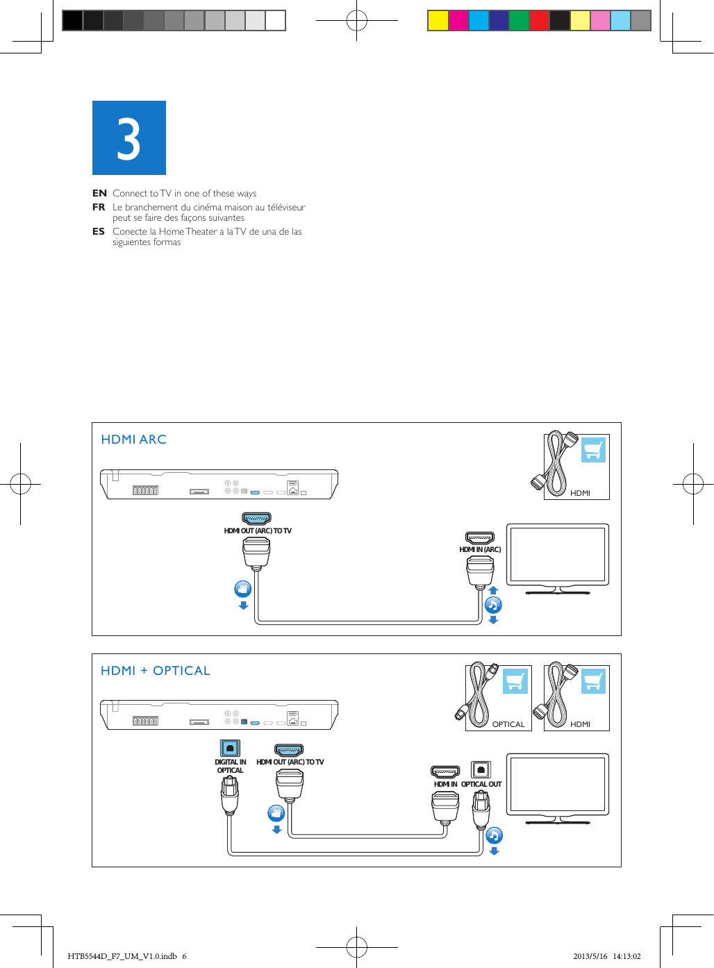 XDIGITAL INOPTICALOPTICAL OUTHDMIOPTICAL HDMIHDMI INHDMI OUT (ARC) TO TVHDMI IN (ARC)HDMI ARCHDMI + OPTICALHDMI OUT (ARC) TO TVEN  Connect to TV in one of these waysFR  Le branchement du cinéma maison au téléviseur peut se faire des façons suivantesES  Conecte la Home Theater a la TV de una de las siguientes formas3HDMI INDIGITAL IN COAXIAL COAXIAL OUTHDMICOAXIALAUDIO L/R HDMIHDMI + COAXIALHDMI INHDMI + AUDIO L/RHDMI OUT (ARC) TO TVHDMI OUT (ARC) TO TVLRAUDIO INL RAUDIO OUTHTB5544D_F7_UM_V1.0.indb   6 2013/5/16   14:13:02