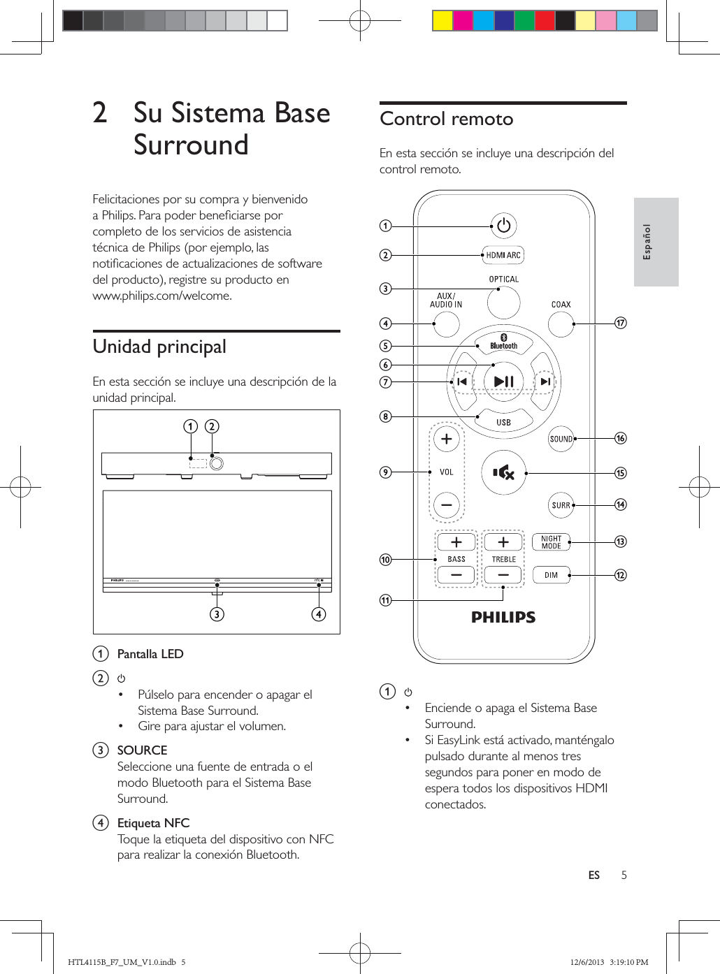 5EspañolES2  Su Sistema Base SurroundUnidad principal  a  Pantalla LEDb   c  SOURCEd  Etiqueta NFCbacdControl remoto a   cebnqoiadmlpghfjkHTL4115B_F7_UM_V1.0.indb   5 12/6/2013   3:19:10 PM