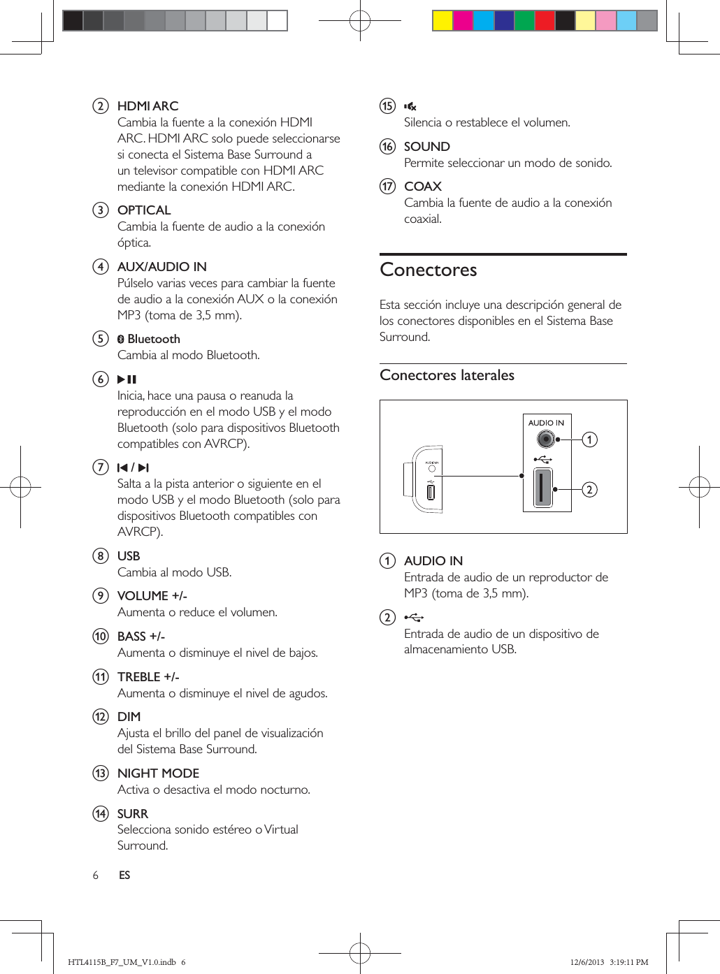 ESb  HDMI ARCc  OPTICALd  AUX/AUDIO INe   Bluetoothf g   / h  USBi  VOLUME +/-j  BASS +/-k  TREBLE +/-l  DIMm  NIGHT MODEn  SURRo p  SOUNDq  COAXConectoresConectores laterales a  AUDIO INb HTL4115B_F7_UM_V1.0.indb   6 12/6/2013   3:19:11 PM