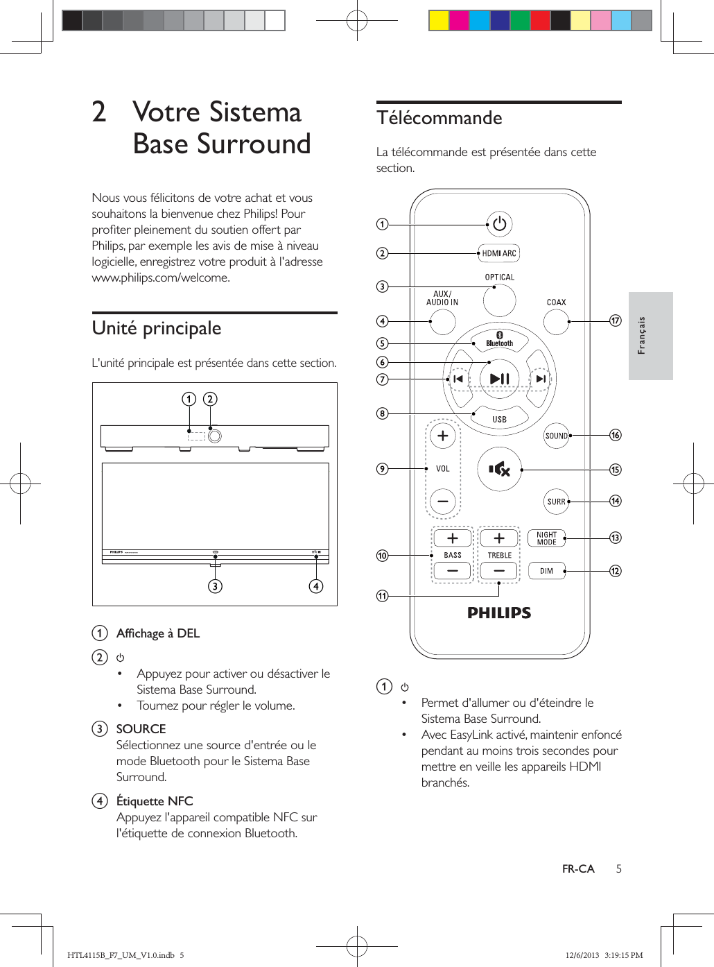 5FrançaisFR-CA2 Votre Sistema Base SurroundUnité principale  a  b   c  SOURCEd  Étiquette NFCbacdTélécommande a   cebnqoiadmlpghfjkHTL4115B_F7_UM_V1.0.indb   5 12/6/2013   3:19:15 PM