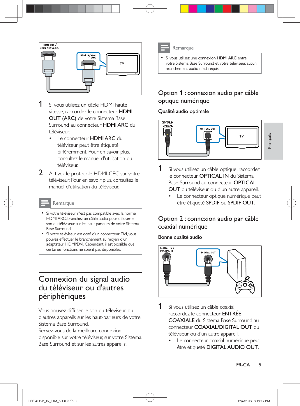 FrançaisFR-CA  1  HDMI OUT (ARC)HDMI ARC HDMI ARC2  Remarque  Connexion du signal audio du téléviseur ou d&apos;autres périphériquesTVRemarque HDMI ARCOption 1 : connexion audio par câble optique numériqueQualité audio optimale   1  OPTICAL INOPTICAL OUT SPDIFSPDIF OUTOption 2 : connexion audio par câble coaxial numériqueBonne qualité audio  1  ENTRÉE COAXIALECOAXIAL/DIGITAL OUT DIGITAL AUDIO OUTTVHTL4115B_F7_UM_V1.0.indb   9 12/6/2013   3:19:17 PM