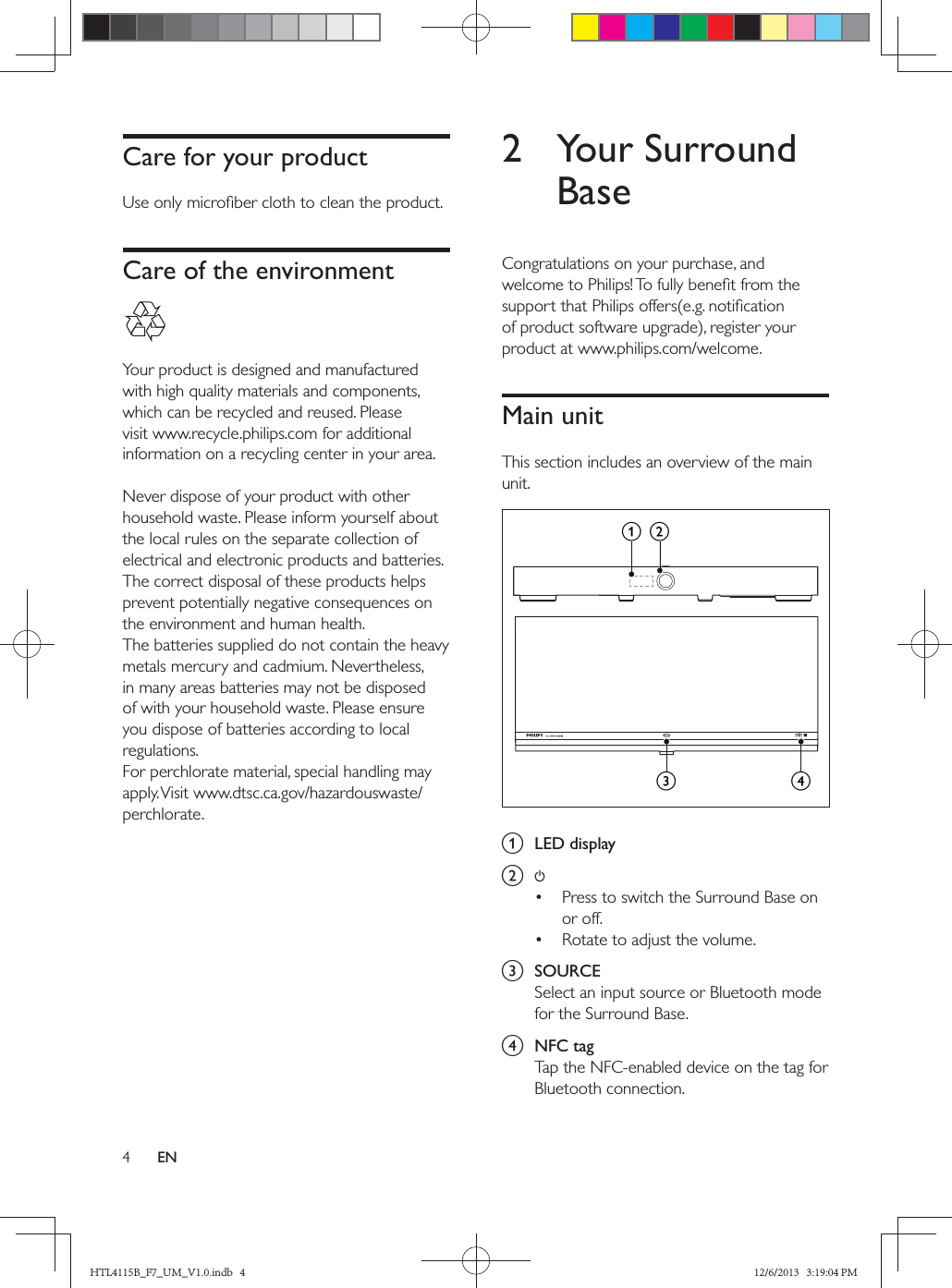 4ENCare for your productCare of the environment 2 Your Surround BaseMain unit  a  LED displayb   c  SOURCEd  NFC tagbacdHTL4115B_F7_UM_V1.0.indb   4 12/6/2013   3:19:04 PM