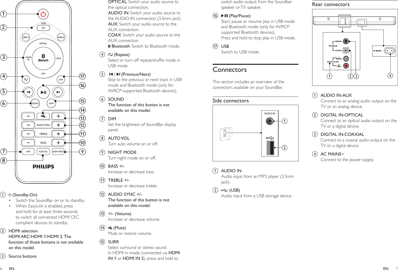 6 7ENENswitch audio output from the Soundbar speaker or TV speaker. p   (Play/Pause)Start, pause or resume play in USB mode and Bluetooth mode (only for AVRCP-supported Bluetooth devices).Press and hold to stop play in USB mode.q  USBSwitch to USB mode.ConnectorsThis section includes an overview of the connectors available on your SoundBar.Side connectors  a  AUDIO INAudio input from an MP3 player (3.5mm jack).b   (USB)Audio input from a USB storage device.Rear connectors a  AUDIO IN-AUXConnect to an analog audio output on the TV or an analog device. b  DIGITAL IN-OPTICALConnect to an optical audio output on the TV or a digital device. c  DIGITAL IN-COAXIALConnect to a coaxial audio output on the TV or a digital device. d  AC MAINS~Connect to the power supply.d a   (Standby-On) • Switch the SoundBar on or to standby.• When EasyLink is enabled, press and hold for at least three seconds to switch all connected HDMI CEC compliant devices to standby.b  HDMI selectionHDMI ARC/HDMI 1/HDMI 2: The function of those buttons is not available on this model.c  Source buttons6781345ijklmnopq2OPTICAL: Switch your audio source to the optical connection. AUDIO IN: Switch your audio source to the AUDIO-IN connection (3.5mm jack).AUX: Switch your audio source to the AUX connection. COAX: Switch your audio source to the AUX connection.  Bluetooth: Switch to Bluetooth mode.d   (Repeat)Selectorturnoffrepeat/shufemodeinUSB mode.e    /   (Previous/Next)Skip to the previous or next track in USB mode and Bluetooth mode (only for AVRCP-supported Bluetooth devices).f  SOUNDThe function of this button is not available on this model.g  DIMSet the brightness of SoundBar display panel.h  AUTO VOLTurn auto volume on or off.i  NIGHT MODETurn night mode on or off.j  BASS +/-Increase or decrease bass.k  TREBLE +/-Increase or decrease treble.l  AUDIO SYNC +/-The function of this button is not available on this model.m  +/- (Volume)Increase or decrease volume.n   (Mute)Mute or restore volume.o  SURRSelect surround or stereo sound.In HDMI in mode (connected via HDMI IN 1 or HDMI IN 2), press and hold to 