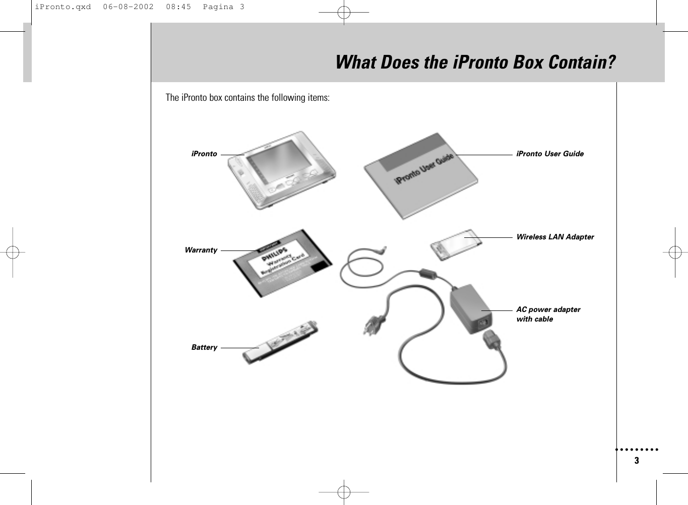 3What Does the iPronto Box Contain?The iPronto box contains the following items:WarrantyBatteryiPronto iPronto User GuideWireless LAN AdapterAC power adapterwith cableiPronto.qxd  06-08-2002  08:45  Pagina 3