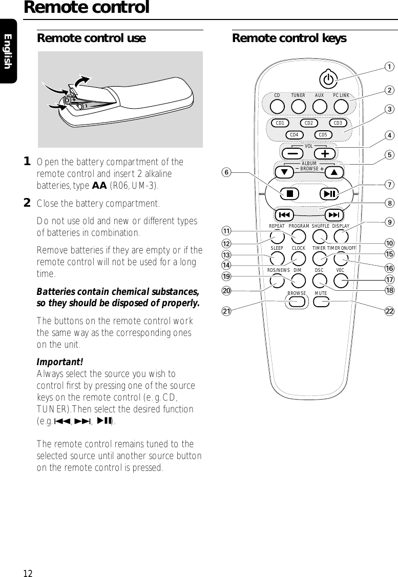 Remote control use1Open the battery compartment of theremote control and insert 2 alkalinebatteries, type AA (R06,UM-3).2Close the battery compartment.Do not use old and new or different typesof batteries in combination.Remove batteries if they are empty or if theremote control will not be used for a longtime.Batteries contain chemical substances,so they should be disposed of properly.The buttons on the remote control workthe same way as the corresponding oneson the unit.Important!Always select the source you wish tocontrol ﬁrst by pressing one of the sourcekeys on the remote control (e. g.CD,TUNER).Then select the desired function(e.g.4,¢,ÉÅ).The remote control remains tuned to theselected source until another source buttonon the remote control is pressed.Remote control keysRemote control12EnglishAUX PC LINK1#23476@!$%*^&amp;¡)™0(TUNERCDSHUFFLEPROGRAMTIMERCLOCKSLEEPDSC VECDIMMUTE  CD1   CD2   CD3   CD5   CD4 ALBUM   VOL9REPEATRDS/NEWSTIMER ON/OFF8DISPLAY5BROWSEBROWSE