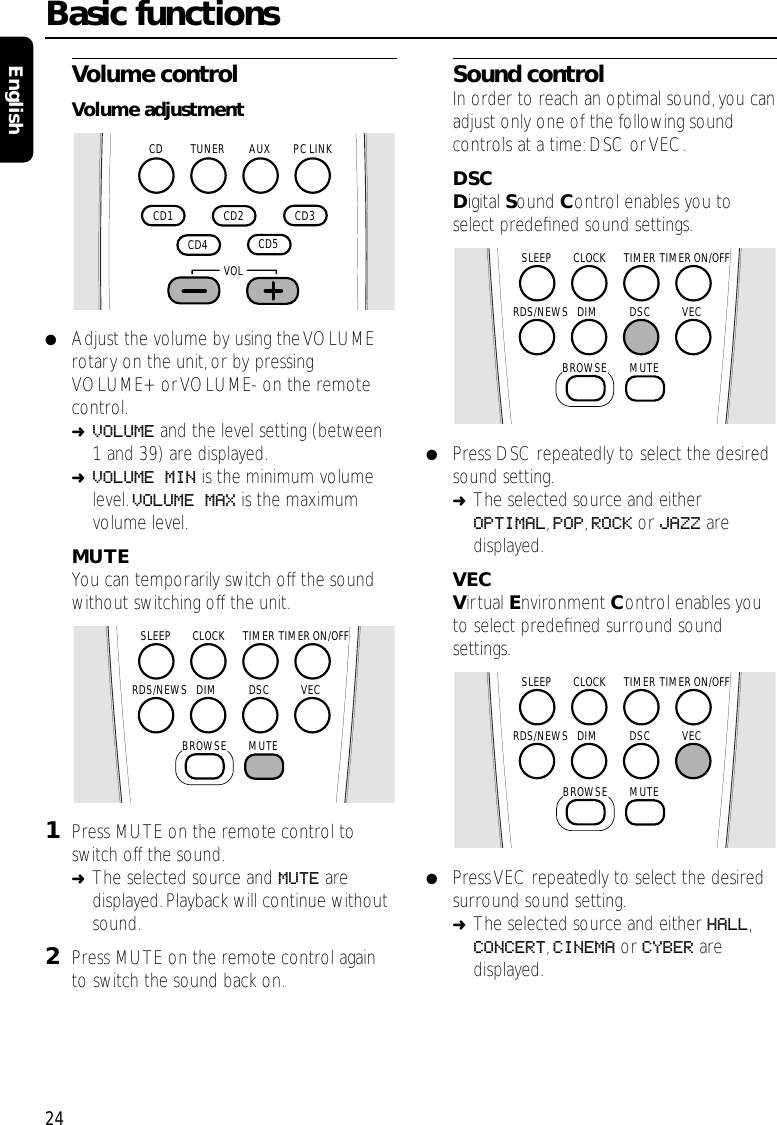 Volume controlVolume adjustment●Adjust the volume by using the VOLUMErotary on the unit,or by pressingVOLUME+ or VOLUME- on the remotecontrol.➜VOLUME and the level setting (between1 and 39) are displayed.➜VOLUME MIN is the minimum volumelevel.VOLUME MAX is the maximumvolume level.MUTEYou can temporarily switch off the soundwithout switching off the unit.1Press MUTE on the remote control toswitch off the sound.➜The selected source and MUTE aredisplayed. Playback will continue withoutsound.2Press MUTE on the remote control againto switch the sound back on.Sound controlIn order to reach an optimal sound,you canadjust only one of the following soundcontrols at a time:DSC or VEC.DSCDigital Sound Control enables you toselect predeﬁned sound settings.●Press DSC repeatedly to select the desiredsound setting.➜The selected source and eitherOPTIMAL,POP,ROCK or JAZZ aredisplayed.VECVirtual Environment Control enables youto select predeﬁned surround soundsettings.●Press VEC repeatedly to select the desiredsurround sound setting.➜The selected source and either HALL,CONCERT,CINEMA or CYBER aredisplayed.Basic functions24EnglishAUX PC LINKTUNERCD  CD2   CD3   CD5   CD4   CD1    VOLTIMERCLOCKSLEEPDSC VECDIMMUTERDS/NEWSTIMER ON/OFFBROWSETIMERCLOCKSLEEPDSC VECDIMMUTERDS/NEWSTIMER ON/OFFBROWSETIMERCLOCKSLEEPDSC VECDIMMUTERDS/NEWSTIMER ON/OFFBROWSE