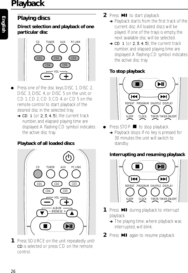 Playing discsDirect selection and playback of oneparticular disc●Press one of the disc keys DISC 1,DISC 2,DISC 3,DISC 4,or DISC 5 on the unit, orCD 1,CD 2,CD 3, CD 4,or CD 5 on theremote control to start playback of thedesired disc in the selected tray.➜CD 1 (or 2,3,4,5), the current tracknumber, and elapsed playing time aredisplayed.A ﬂashing CD symbol indicatesthe active disc tray.Playback of all loaded discs1Press SOURCE on the unit repeatedly untilCD is selected or press CD on the remotecontrol.2Press ÉÅ to start playback.➜Playback starts from the ﬁrst track of thecurrent disc.All loaded discs will beplayed. If one of the trays is empty,thenext available disc will be selected.➜CD 1 (or 2,3,4,5), the current tracknumber, and elapsed playing time aredisplayed.A ﬂashing CD symbol indicatesthe active disc tray.To stop playback●Press STOP Çto stop playback.➜Playback stops.If no key is pressed for30 minutes the unit will switch tostandby.Interrupting and resuming playback1Press ÉÅ during playback to interruptplayback.➜The playing time, where playback wasinterrupted,will blink.2Press ÉÅ again to resume playback.Playback26EnglishAUX PC LINKTUNERCD  CD2   CD3   CD5   CD4   CD1    VOLAUX PC LINKTUNERCD  CD2   CD3   CD5   CD4   CD1 ALBUMBROWSE   VOLSHUFFLEPROGRAMREPEAT DISPLAYTIMERCLOCKSLEEP TIMER ON/OFFSHUFFLEPROGRAMREPEAT DISPLAYTIMERCLOCKSLEEP TIMER ON/OFF