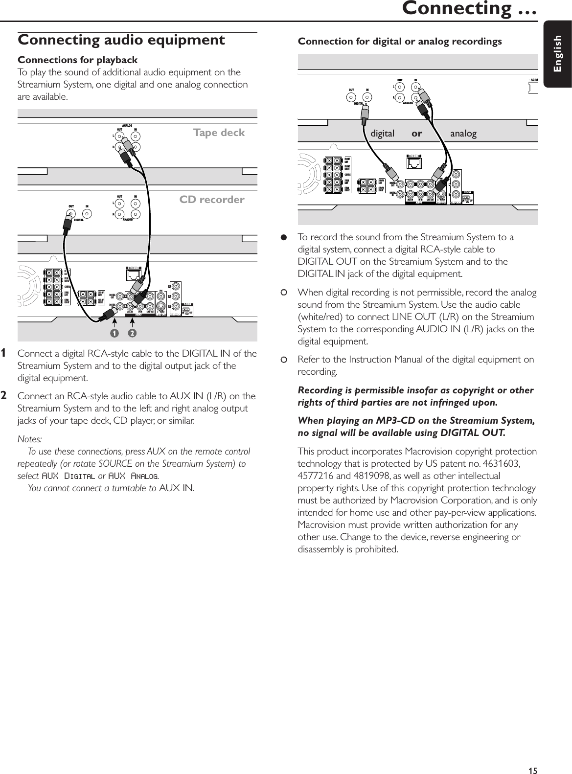 Connecting audio equipmentConnections for playbackTo play the sound of additional audio equipment on theStreamium System, one digital and one analog connectionare available.1Connect a digital RCA-style cable to the DIGITAL IN of theStreamium System and to the digital output jack of thedigital equipment.2Connect an RCA-style audio cable to AUX IN (L/R) on theStreamium System and to the left and right analog outputjacks of your tape deck, CD player, or similar.Notes:To use these connections, press AUX on the remote controlrepeatedly (or rotate SOURCE on the Streamium System) toselect AUX DIGITAL or AUX ANALOG.You cannot connect a turntable to AUX IN.Connection for digital or analog recordings●To record the sound from the Streamium System to adigital system, connect a digital RCA-style cable toDIGITAL OUT on the Streamium System and to theDIGITAL IN jack of the digital equipment.00When digital recording is not permissible, record the analogsound from the Streamium System. Use the audio cable(white/red) to connect LINE OUT (L/R) on the StreamiumSystem to the corresponding AUDIO IN (L/R) jacks on thedigital equipment.00Refer to the Instruction Manual of the digital equipment onrecording.Recording is permissible insofar as copyright or otherrights of third parties are not infringed upon.When playing an MP3-CD on the Streamium System,no signal will be available using DIGITAL OUT.This product incorporates Macrovision copyright protectiontechnology that is protected by US patent no. 4631603,4577216 and 4819098, as well as other intellectualproperty rights. Use of this copyright protection technologymust be authorized by Macrovision Corporation, and is onlyintended for home use and other pay-per-view applications.Macrovision must provide written authorization for anyother use. Change to the device, reverse engineering ordisassembly is prohibited.Connecting …15EnglishFRONTLEFTFRONTRIGHTCENTRESURRLEFTSURRRIGHTSUB-WLEFTSUB-WRIGHTETHERNETDIGITALINAUX IN TV IN LINE OUT S - VIDEO OFFONDIGITALOUTRLP-SCANCVBSAUDIO VIDEO OUT COMPONENTANALOGOUT INANALOGDIGITALOUT INOUT INTape deck CD recorderFRONTLEFTFRONTRIGHTCENTRESURRLEFTSURRRIGHTSUB-WLEFTSUB-WRIGHTETHERNETDIGITALINAUX IN TV IN LINE OUT S - VIDEO OFFONDIGITALOUTRLP-SCANCVBSAUDIO VIDEO OUT COMPONENT~ AC MANALOGDIGITALOUT INOUT INdigital      or analog