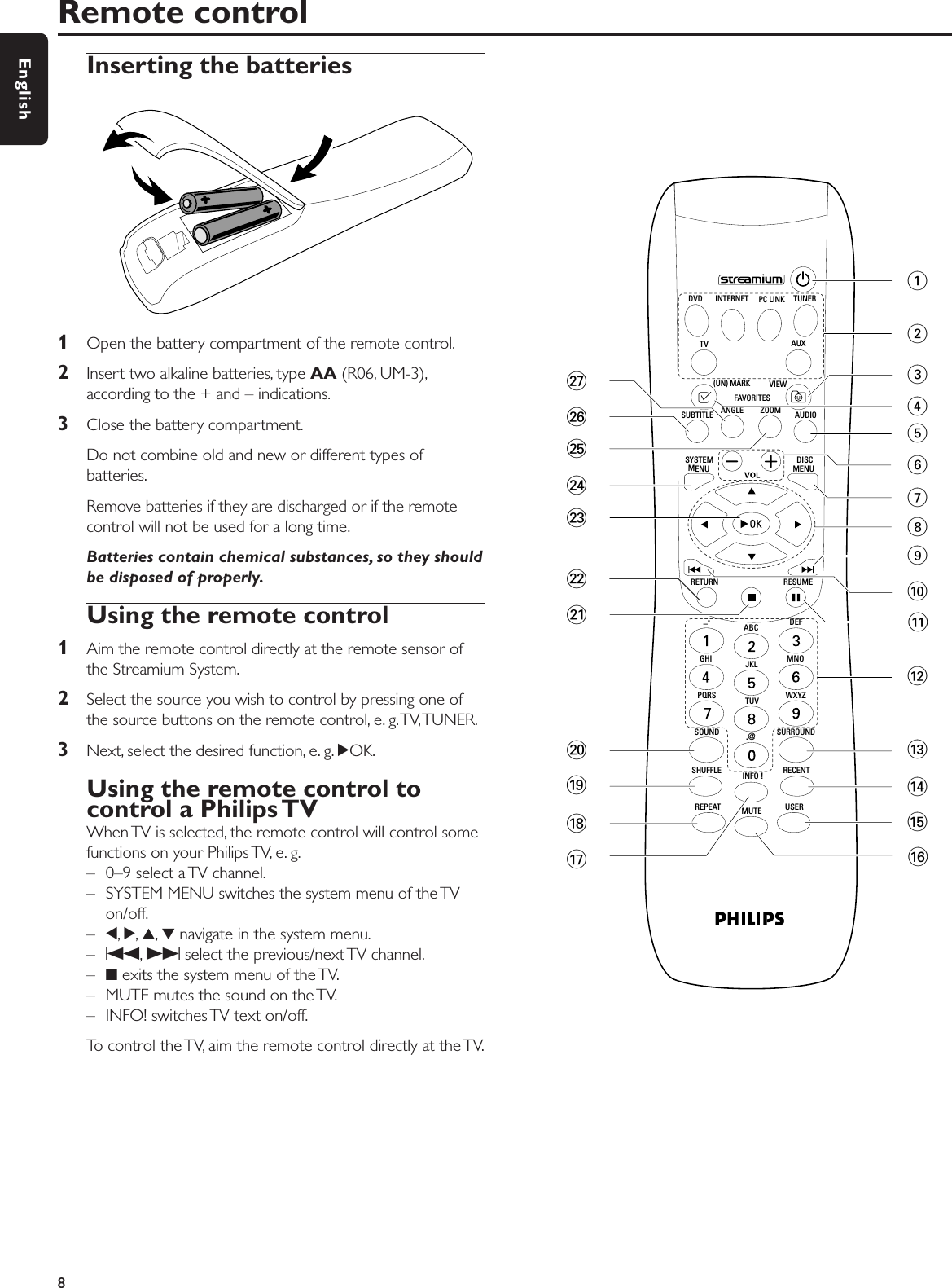 Inserting the batteries1Open the battery compartment of the remote control.2Insert two alkaline batteries, type AA (R06, UM-3),according to the + and – indications.3Close the battery compartment.Do not combine old and new or different types ofbatteries.Remove batteries if they are discharged or if the remotecontrol will not be used for a long time.Batteries contain chemical substances, so they shouldbe disposed of properly.Using the remote control1Aim the remote control directly at the remote sensor ofthe Streamium System.2Select the source you wish to control by pressing one ofthe source buttons on the remote control, e. g.TV,TUNER.3Next, select the desired function, e. g. 2OK.Using the remote control tocontrol a Philips TVWhen TV is selected, the remote control will control somefunctions on your Philips TV, e. g.– 0–9 select a TV channel.– SYSTEM MENU switches the system menu of the TVon/off.–1,2,3,4navigate in the system menu.–S,Tselect the previous/next TV channel.–9exits the system menu of the TV.– MUTE mutes the sound on the TV.– INFO! switches TV text on/off.To control the TV, aim the remote control directly at the TV.Remote control8EnglishMUTE USERREPEATSHUFFLE INFO ! RECENTSOUNDSURROUND.@PQRS TUV WXYZGHI JKL MNOABC DEF–-RETURN RESUMEMENUMENUSYSTEM DISCSUBTITLE ANGLE ZOOM AUDIOFAVORITES(UN) MARK VIEWTV AUXDVD INTERNET PC LINK TUNER1234567890@#$%&amp;)¡™≤∞§≥*£!^(