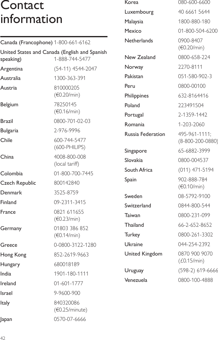 42Korea  080-600-6600Luxembourg  40 6661 5644Malaysia  1800-880-180Mexico  01-800-504-6200Netherlands  0900-8407   (€0.20/min)New Zealand  0800-658-224Norway  2270-8111Pakistan  051-580-902-3Peru  0800-00100Philippines  632-8164416Poland  223491504Portugal  2-1359-1442Romania  1-203-2060Russia Federation  495-961-1111;   (8-800-200-0880)Singapore  65-6882-3999Slovakia  0800-004537South Africa  (011) 471-5194Spain  902-888-784   (€0.10/min)Sweden  08-5792-9100Switzerland  0844-800-544Taiwan  0800-231-099Thailand  66-2-652-8652Turkey  0800-261-3302Ukraine  044-254-2392United Kingdom  0870 900 9070   (£0.15/min)Uruguay  (598-2) 619-6666Venezuela  0800-100-4888Contact informationCanada (Francophone) 1-800-661-6162United States and Canada (English and Spanish speaking)  1-888-744-5477Argentina  (54-11) 4544-2047Australia  1300-363-391Austria  810000205   (€0.20/min)Belgium  78250145   (€0.16/min)Brazil  0800-701-02-03Bulgaria  2-976-9996Chile  600-744-5477    (600-PHILIPS)China  4008-800-008   (local tariff)Colombia  01-800-700-7445Czech Republic  800142840Denmark  3525-8759Finland  09-2311-3415France  0821 611655   (€0.23/min)Germany  01803 386 852   (€0.14/min)Greece  0-0800-3122-1280Hong Kong  852-2619-9663Hungary  680018189India  1901-180-1111Ireland  01-601-1777Israel  9-9600-900Italy  840320086    (€0.25/minute)Japan  0570-07-6666