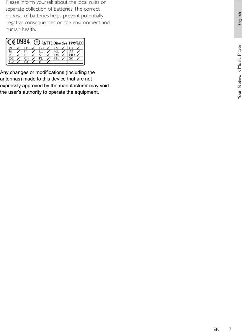 7Please inform yourself about the local rules on separate collection of batteries. The correct disposal of batteries helps prevent potentially negative consequences on the environment and human health.0984Your Network Music Player  EnglishENAny changes or modifications (including the antennas) made to this device that are not expressly approved by the manufacturer may void the user’s authority to operate the equipment. 
