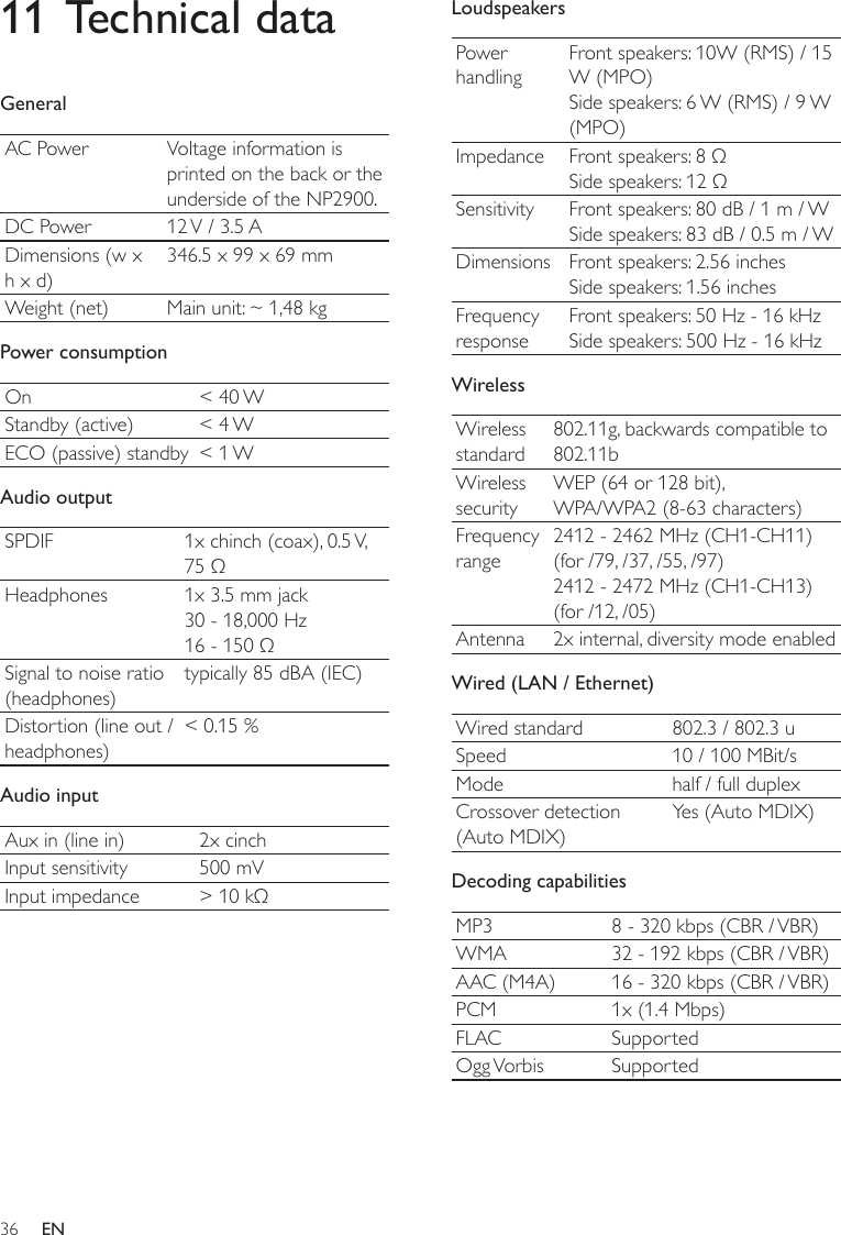 36LoudspeakersPower handlingFront speakers: 10W (RMS) / 15 W (MPO)Side speakers: 6 W (RMS) / 9 W (MPO)Impedance Front speakers: 8 ΩSide speakers: 12 ΩSensitivity Front speakers: 80 dB / 1 m / WSide speakers: 83 dB / 0.5 m / WDimensions Front speakers: 2.56 inchesSide speakers: 1.56 inchesFrequency responseFront speakers: 50 Hz - 16 kHzSide speakers: 500 Hz - 16 kHzWirelessWireless standard802.11g, backwards compatible to 802.11bWireless securityWEP (64 or 128 bit),WPA/WPA2 (8-63 characters)Frequency range2412 - 2462 MHz (CH1-CH11) (for /79, /37, /55, /97)2412 - 2472 MHz (CH1-CH13) (for /12, /05)Antenna 2x internal, diversity mode enabledWired (LAN / Ethernet)Wired standard 802.3 / 802.3 uSpeed 10 / 100 MBit/sMode half / full duplexCrossover detection (Auto MDIX)Yes (Auto MDIX)Decoding capabilitiesMP3 8 - 320 kbps (CBR / VBR)WMA 32 - 192 kbps (CBR / VBR)AAC (M4A) 16 - 320 kbps (CBR / VBR)PCM 1x (1.4 Mbps)FLAC SupportedOgg Vorbis Supported11 Technical dataGeneralAC Power Voltage information is printed on the back or the underside of the NP2900.DC Power 12 V / 3.5 ADimensions (w x h x d)346.5 x 99 x 69 mmWeight (net) Main unit: ~ 1,48 kgPower consumptionOn &lt; 40 WStandby (active) &lt; 4 WECO (passive) standby &lt; 1 WAudio outputSPDIF 1x chinch (coax), 0.5 V, 75 ΩHeadphones 1x 3.5 mm jack30 - 18,000 Hz16 - 150 ΩSignal to noise ratio (headphones)typically 85 dBA (IEC)Distortion (line out / headphones)&lt; 0.15 %Audio inputAux in (line in) 2x cinchInput sensitivity 500 mVInput impedance &gt; 10 kΩEN