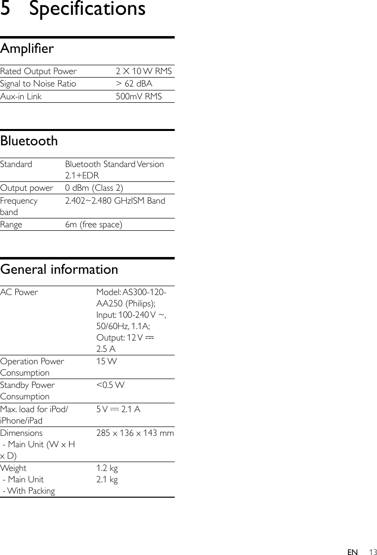 13EN5 SpecificationsAmplierRated Output Power 2 X 10 W RMSSignal to Noise Ratio &gt; 62 dBAAux-in Link 500mV RMSBluetoothStandard Bluetooth  Standard Version 2.1+EDROutput power 0 dBm (Class 2)Frequencyband2.402~2.480GHzISMBandRange 6m (free space)General informationAC Power Model: AS300-120- AA250 (Philips);Input: 100-240 V ~, 50/60Hz,1.1A;Output:  12 V   2.5 AOperation Power Consumption15 WStandby Power Consumption&lt;0.5 WMax. load for iPod/iPhone/iPad5 V   2.1 ADimensions -MainUnit(WxHx D)285 x 136 x 143 mmWeight - Main Unit  - With Packing1.2 kg2.1 kg