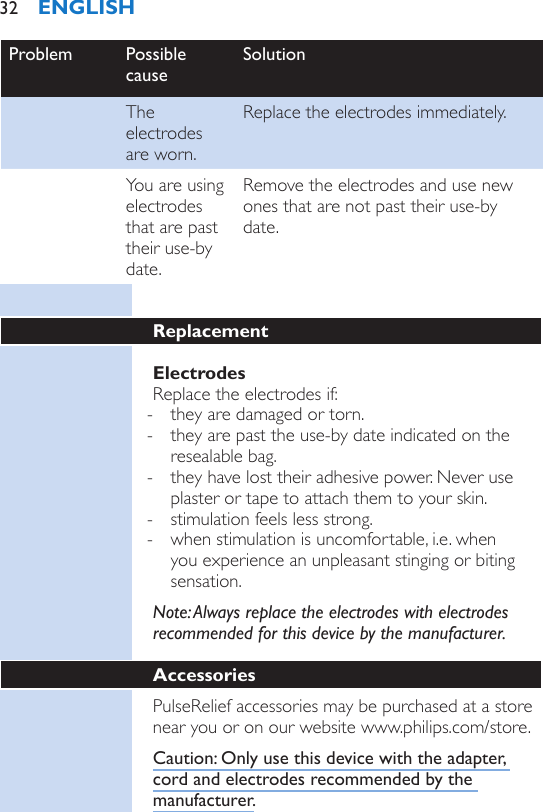 Problem Possible causeSolutionThe electrodes are worn.Replace the electrodes immediately.You are using electrodes that are past their use-by date.Remove the electrodes and use new ones that are not past their use-by date.ReplacementElectrodesReplace the electrodes if: - they are damaged or torn. - they are past the use-by date indicated on the resealable bag. - they have lost their adhesive power. Never use plaster or tape to attach them to your skin. - stimulation feels less strong. - when stimulation is uncomfortable, i.e. when you experience an unpleasant stinging or biting sensation.Note: Always replace the electrodes with electrodes recommended for this device by the manufacturer.AccessoriesPulseRelief accessories may be purchased at a store near you or on our website www.philips.com/store.Caution: Only use this device with the adapter, cord and electrodes recommended by the manufacturer.ENGLISH32