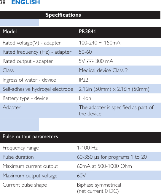 SpecicationsModel PR3841Rated voltage(V) - adapter 100-240 ~ 150mARated frequency (Hz) - adapter 50-60Rated output - adapter 5V , 300 mAClass Medical device Class 2Ingress of water - device IP22Self-adhesive hydrogel electrode 2.16in (50mm) x 2.16in (50mm)Battery type - device Li-IonAdapter The adapter is specied as part of the devicePulse output parametersFrequency range 1-100 HzPulse duration 60-350 µs for programs 1 to 20Maximum current output 60mA at 500-1000 OhmMaximum output voltage 60VCurrent pulse shape Biphase symmetrical  (net current 0 DC)ENGLISH38