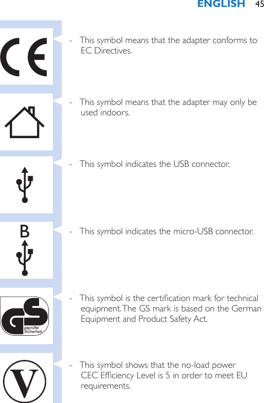  - This symbol means that the adapter conforms to EC Directives. - This symbol means that the adapter may only be used indoors. - This symbol indicates the USB connector. - This symbol indicates the micro-USB connector. - This symbol is the certication mark for technical equipment. The GS mark is based on the German Equipment and Product Safety Act. - This symbol shows that the no-load power CEC Efciency Level is 5 in order to meet EU requirements.ENGLISH 45