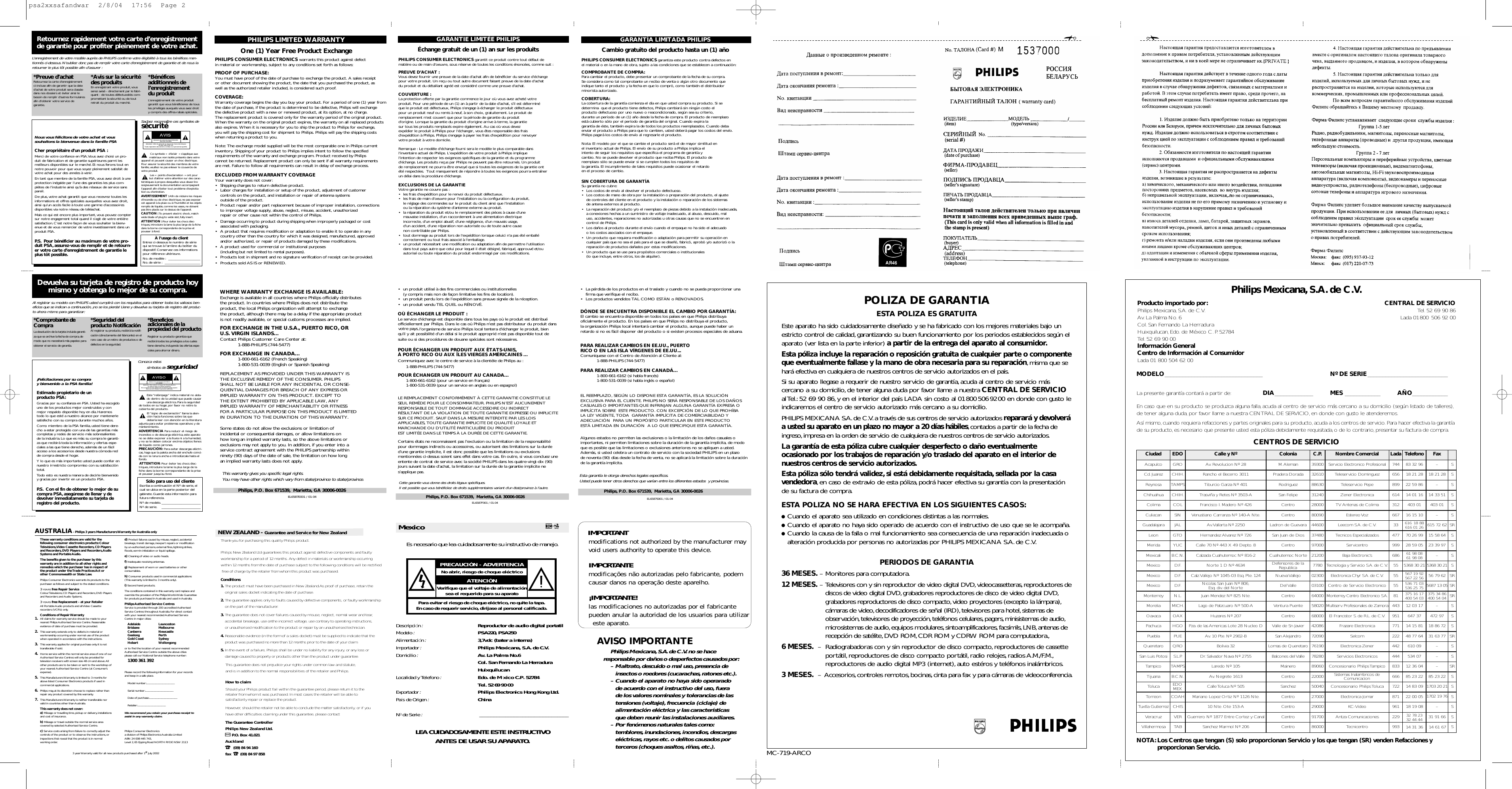Page 2 of Philips Consumer Lifestyle PSA260 MP3 Player with Bluetooth Transceiver User Manual Instruction Leaflet