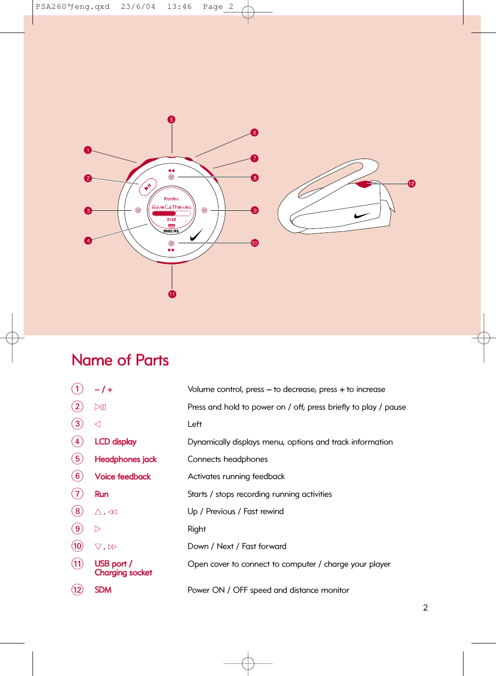 NNaammee  ooff  PPaarrttss1−−//  ++Volume control, press −−to decrease; press ++to increase222;;Press and hold to power on / off; press briefly to play / pause311Left 4LLCCDD  ddiissppllaayyDynamically displays menu, options and track information5HHeeaaddpphhoonneess  jjaacckkConnects headphones6VVooiiccee  ffeeeeddbbaacckkActivates running feedback7RRuunnStarts / stops recording running activities833  , 55Up / Previous / Fast rewind922Right044  , 66Down / Next / Fast forward!UUSSBB  ppoorrtt  //Open cover to connect to computer / charge your playerCChhaarrggiinngg  ssoocckkeett@SSDDMMPower ON / OFF speed and distance monitor2PSA260°ƒeng.qxd  23/6/04  13:46  Page 2