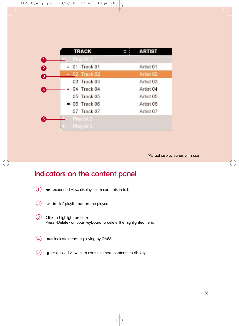 IInnddiiccaattoorrss  oonn  tthhee  ccoonntteenntt  ppaanneell: expanded view, displays item contents in full.1: track / playlist not on the player.212345Click to highlight an item.Press &lt;Delete&gt; on your keyboard to delete the highlighted item.3: indicates track is playing by DMM.4: collapsed view: item contains more contents to display.5*Actual display varies with use26PSA260°ƒeng.qxd  23/6/04  13:46  Page 26