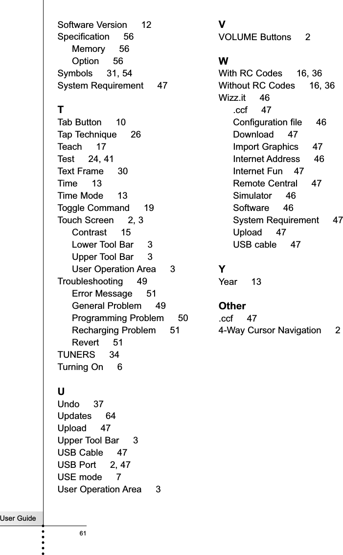 User Guide61Software Version     12Specification     56Memory     56Option     56Symbols     31, 54System Requirement     47TTab Button     10Tap Technique     26Teach     17Test     24, 41Text Frame     30Time     13Time Mode     13Toggle Command     19Touch Screen     2, 3Contrast     15Lower Tool Bar     3Upper Tool Bar     3User Operation Area     3Troubleshooting     49Error Message     51General Problem     49Programming Problem     50Recharging Problem     51Revert     51TUNERS     34Turning On     6UUndo     37Updates     64Upload     47Upper Tool Bar     3USB Cable     47USB Port     2, 47USE mode     7User Operation Area     3VVOLUME Buttons     2WWith RC Codes     16, 36Without RC Codes     16, 36Wizz.it     46.ccf     47Configuration file     46Download     47Import Graphics     47Internet Address     46Internet Fun    47Remote Central     47Simulator     46Software     46System Requirement     47Upload     47USB cable     47YYear     13Other.ccf     474-Way Cursor Navigation     2Index