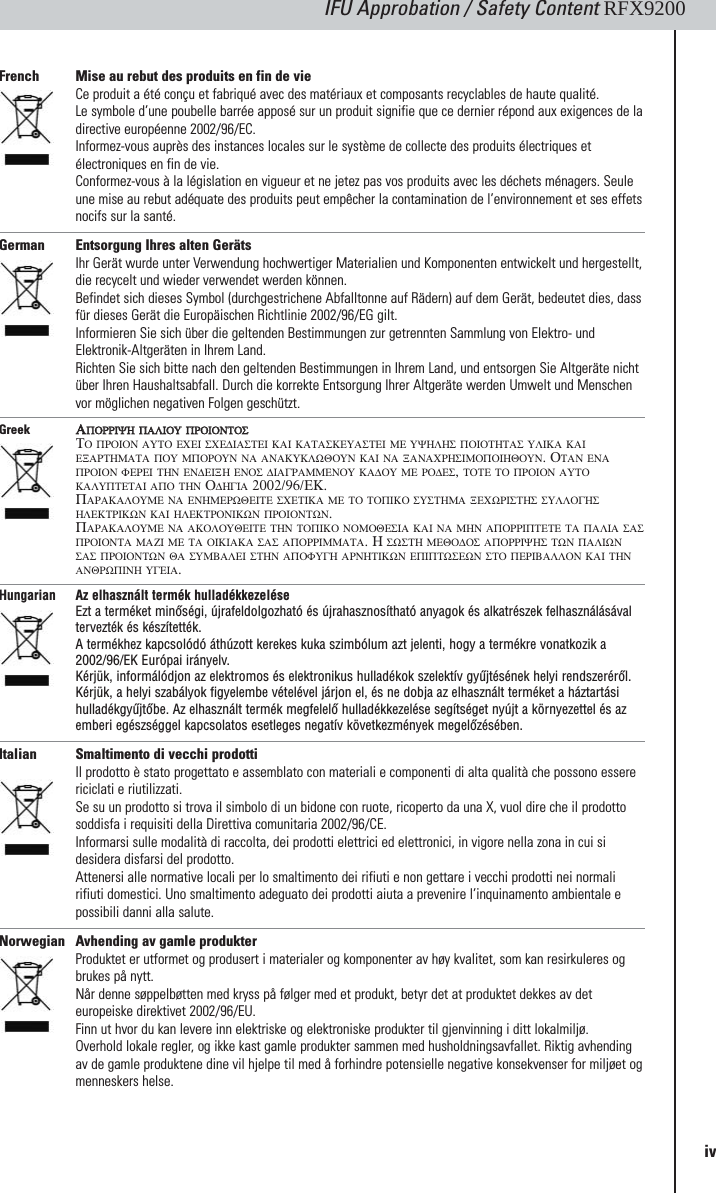 French Mise au rebut des produits en fin de vieCe produit a été conçu et fabriqué avec des matériaux et composants recyclables de haute qualité. Le symbole d’une poubelle barrée apposé sur un produit signifie que ce dernier répond aux exigences de ladirective européenne 2002/96/EC.Informez-vous auprès des instances locales sur le système de collecte des produits électriques etélectroniques en fin de vie.Conformez-vous à la législation en vigueur et ne jetez pas vos produits avec les déchets ménagers. Seuleune mise au rebut adéquate des produits peut empêcher la contamination de l’environnement et ses effetsnocifs sur la santé.German Entsorgung Ihres alten GerätsIhr Gerät wurde unter Verwendung hochwertiger Materialien und Komponenten entwickelt und hergestellt,die recycelt und wieder verwendet werden können. Befindet sich dieses Symbol (durchgestrichene Abfalltonne auf Rädern) auf dem Gerät, bedeutet dies, dassfür dieses Gerät die Europäischen Richtlinie 2002/96/EG gilt.Informieren Sie sich über die geltenden Bestimmungen zur getrennten Sammlung von Elektro- undElektronik-Altgeräten in Ihrem Land.Richten Sie sich bitte nach den geltenden Bestimmungen in Ihrem Land, und entsorgen Sie Altgeräte nichtüber Ihren Haushaltsabfall. Durch die korrekte Entsorgung Ihrer Altgeräte werden Umwelt und Menschenvor möglichen negativen Folgen geschützt.Greek ΑΑΠΠΟΟΡΡΡΡΙΙΨΨΗΗΠΠΑΑΛΛΙΙΟΟΥΥΠΠΡΡΟΟΙΙΟΟΝΝΤΤΟΟΣΣΤΟ ΠΡΟΙΟΝ ΑΥΤΟ ΕΧΕΙ ΣΧΕ∆ΙΑΣΤΕΙ ΚΑΙ ΚΑΤΑΣΚΕΥΑΣΤΕΙ ΜΕ ΥΨΗΛΗΣ ΠΟΙΟΤΗΤΑΣ ΥΛΙΚΑ ΚΑΙΕΞΑΡΤΗΜΑΤΑ ΠΟΥ ΜΠΟΡΟΥΝ ΝΑ ΑΝΑΚΥΚΛΩΘΟΥΝ ΚΑΙ ΝΑ ΞΑΝΑΧΡΗΣΙΜΟΠΟΙΗΘΟΥΝ. ΟΤΑΝ ΕΝΑΠΡΟΙΟΝ ΦΕΡΕΙ ΤΗΝ ΕΝ∆ΕΙΞΗ ΕΝΟΣ ∆ΙΑΓΡΑΜΜΕΝΟΥ ΚΑ∆ΟΥ ΜΕ ΡΟ∆ΕΣ, ΤΟΤΕ ΤΟ ΠΡΟΙΟΝ ΑΥΤΟΚΑΛΥΠΤΕΤΑΙ ΑΠΟ ΤΗΝ Ο∆ΗΓΙΑ 2002/96/ΕΚ. ΠΑΡΑΚΑΛΟΥΜΕ ΝΑ ΕΝΗΜΕΡΩΘΕΙΤΕ ΣΧΕΤΙΚΑ ΜΕ ΤΟ ΤΟΠΙΚΟ ΣΥΣΤΗΜΑ ΞΕΧΩΡΙΣΤΗΣ ΣΥΛΛΟΓΗΣΗΛΕΚΤΡΙΚΩΝ ΚΑΙ ΗΛΕΚΤΡΟΝΙΚΩΝ ΠΡΟΙΟΝΤΩΝ. ΠΑΡΑΚΑΛΟΥΜΕ ΝΑ ΑΚΟΛΟΥΘΕΙΤΕ ΤΗΝ ΤΟΠΙΚΟ ΝΟΜΟΘΕΣΙΑ ΚΑΙ ΝΑ ΜΗΝ ΑΠΟΡΡΙΠΤΕΤΕ ΤΑ ΠΑΛΙΑ ΣΑΣΠΡΟΙΟΝΤΑ ΜΑΖΙ ΜΕ ΤΑ ΟΙΚΙΑΚΑ ΣΑΣ ΑΠΟΡΡΙΜΜΑΤΑ. Η ΣΩΣΤΗ ΜΕΘΟ∆ΟΣ ΑΠΟΡΡΙΨΗΣ ΤΩΝ ΠΑΛΙΩΝΣΑΣ ΠΡΟΙΟΝΤΩΝ ΘΑ ΣΥΜΒΑΛΕΙ ΣΤΗΝ ΑΠΟΦΥΓΗ ΑΡΝΗΤΙΚΩΝ ΕΠΙΠΤΩΣΕΩΝ ΣΤΟ ΠΕΡΙΒΑΛΛΟΝ ΚΑΙ ΤΗΝΑΝΘΡΩΠΙΝΗ ΥΓΕΙΑ.Hungarian Az elhasznált termék hulladékkezelése Ezt a terméket minőségi, újrafeldolgozható és újrahasznosítható anyagok és alkatrészek felhasználásávaltervezték és készítették. A termékhez kapcsolódó áthúzott kerekes kuka szimbólum azt jelenti, hogy a termékre vonatkozik a2002/96/EK Európai irányelv. Kérjük, informálódjon az elektromos és elektronikus hulladékok szelektív gyűjtésének helyi rendszeréről.Kérjük, a helyi szabályok figyelembe vételével járjon el, és ne dobja az elhasznált terméket a háztartásihulladékgyűjtőbe. Az elhasznált termék megfelelő hulladékkezelése segítséget nyújt a környezettel és azemberi egészséggel kapcsolatos esetleges negatív következmények megelőzésében.Italian Smaltimento di vecchi prodottiIl prodotto è stato progettato e assemblato con materiali e componenti di alta qualità che possono esserericiclati e riutilizzati. Se su un prodotto si trova il simbolo di un bidone con ruote, ricoperto da una X, vuol dire che il prodottosoddisfa i requisiti della Direttiva comunitaria 2002/96/CE.Informarsi sulle modalità di raccolta, dei prodotti elettrici ed elettronici, in vigore nella zona in cui sidesidera disfarsi del prodotto.Attenersi alle normative locali per lo smaltimento dei rifiuti e non gettare i vecchi prodotti nei normalirifiuti domestici. Uno smaltimento adeguato dei prodotti aiuta a prevenire l’inquinamento ambientale epossibili danni alla salute.Norwegian Avhending av gamle produkterProduktet er utformet og produsert i materialer og komponenter av høy kvalitet, som kan resirkuleres ogbrukes på nytt. Når denne søppelbøtten med kryss på følger med et produkt, betyr det at produktet dekkes av deteuropeiske direktivet 2002/96/EU.Finn ut hvor du kan levere inn elektriske og elektroniske produkter til gjenvinning i ditt lokalmiljø.Overhold lokale regler, og ikke kast gamle produkter sammen med husholdningsavfallet. Riktig avhendingav de gamle produktene dine vil hjelpe til med å forhindre potensielle negative konsekvenser for miljøet ogmenneskers helse.IFU Approbation / Safety Content RFX9200iv