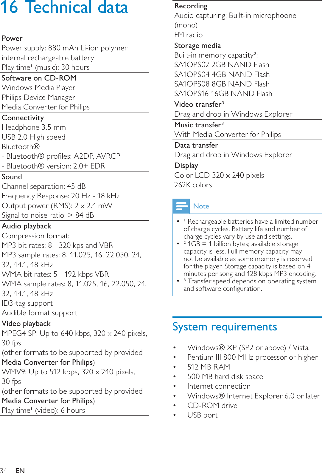 34RecordingAudio capturing: Built-in microphoone (mono)FM radioStorage mediaBuilt-in memory capacity²:SA1OPS02 2GB NAND FlashSA1OPS04 4GB NAND FlashSA1OPS08 8GB NAND FlashSA1OPS16 16GB NAND FlashVideo transfer³Drag and drop in Windows ExplorerMusic transfer³With Media Converter for PhilipsData transferDrag and drop in Windows ExplorerDisplayColor LCD 320 x 240 pixels262K colorsNote¹ Rechargeable batteries have a limited number of charge cycles. Battery life and number of charge cycles vary by use and settings. ² 1GB = 1 billion bytes; available storage capacity is less. Full memory capacity may not be available as some memory is reserved for the player. Storage capacity is based on 4 minutes per song and 128 kbps MP3 encoding.³ Transfer speed depends on operating system DQGVRIWZDUHFRQÀJXUDWLRQSystem requirementsWindows® XP (SP2 or above) / VistaPentium III 800 MHz processor or higher512 MB RAM500 MB hard disk spaceInternet connectionWindows® Internet Explorer 6.0 or laterCD-ROM driveUSB port16 Technical dataPowerPower supply: 880 mAh Li-ion polymer internal rechargeable batteryPlay time¹ (music): 30 hoursSoftware on CD-ROMWindows Media Player Philips Device ManagerMedia Converter for PhilipsConnectivityHeadphone 3.5 mm USB 2.0 High speedBluetooth®%OXHWRRWKSURÀOHV$&apos;3$95&amp;3- Bluetooth® version: 2.0+ EDRSoundChannel separation: 45 dBFrequency Response: 20 Hz - 18 kHzOutput power (RMS): 2 x 2.4 mWSignal to noise ratio: &gt; 84 dBAudio playbackCompression format:MP3 bit rates: 8 - 320 kps and VBRMP3 sample rates: 8, 11.025, 16, 22.050, 24, 32, 44.1, 48 kHzWMA bit rates: 5 - 192 kbps VBRWMA sample rates: 8, 11.025, 16, 22.050, 24, 32, 44.1, 48 kHzID3-tag supportAudible format supportVideo playbackMPEG4 SP: Up to 640 kbps, 320 x 240 pixels, 30 fps (other formats to be supported by provided Media Converter for Philips)WMV9: Up to 512 kbps, 320 x 240 pixels, 30 fps (other formats to be supported by provided Media Converter for Philips)Play time¹ (video): 6 hoursEN