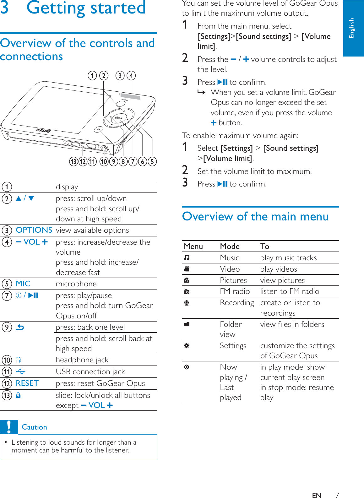 7You can set the volume level of GoGear Opus to limit the maximum volume output.1From the main menu, select [Settings]&gt;[Sound settings] &gt; [Volume limit].2 Press the  /   volume controls to adjust the level.3 Press  WRFRQÀUPWhen you set a volume limit, GoGear »Opus can no longer exceed the set volume, even if you press the volume  button.To enable maximum volume again:1Select [Settings] &gt; [Sound settings]&gt;[Volume limit].2Set the volume limit to maximum.3 Press  WRFRQÀUPOverview of the main menuMenu Mode ToMusic play music tracksVideo play videosPictures view picturesFM radio listen to FM radioRecording create or listen to recordingsFolder viewYLHZÀOHVLQIROGHUVSettings customize the settings of GoGear OpusNow playing /Last playedin play mode: show current play screenin stop mode: resume play3 Getting startedOverview of the controls and connectionsadisplayb /  press: scroll up/downpress and hold: scroll up/down at high speedcOPTIONS view available optionsd VOL  press: increase/decrease the volumepress and hold: increase/decrease fasteMIC microphoneg /  press: play/pausepress and hold: turn GoGear Opus on/offipress: back one levelpress and hold: scroll back at high speedjheadphone jackkUSB connection jacklRESET press: reset GoGear Opusmslide: lock/unlock all buttons except  VOLCautionListening to loud sounds for longer than a moment can be harmful to the listener.EnglishEN