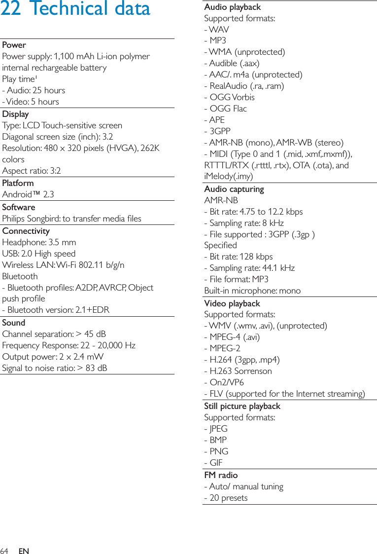 Audio playbackAudio capturingVideo playbackStill picture playbackFM radio22 Technical dataPowerDisplayPlatformSoftwareConnectivitySoundEN