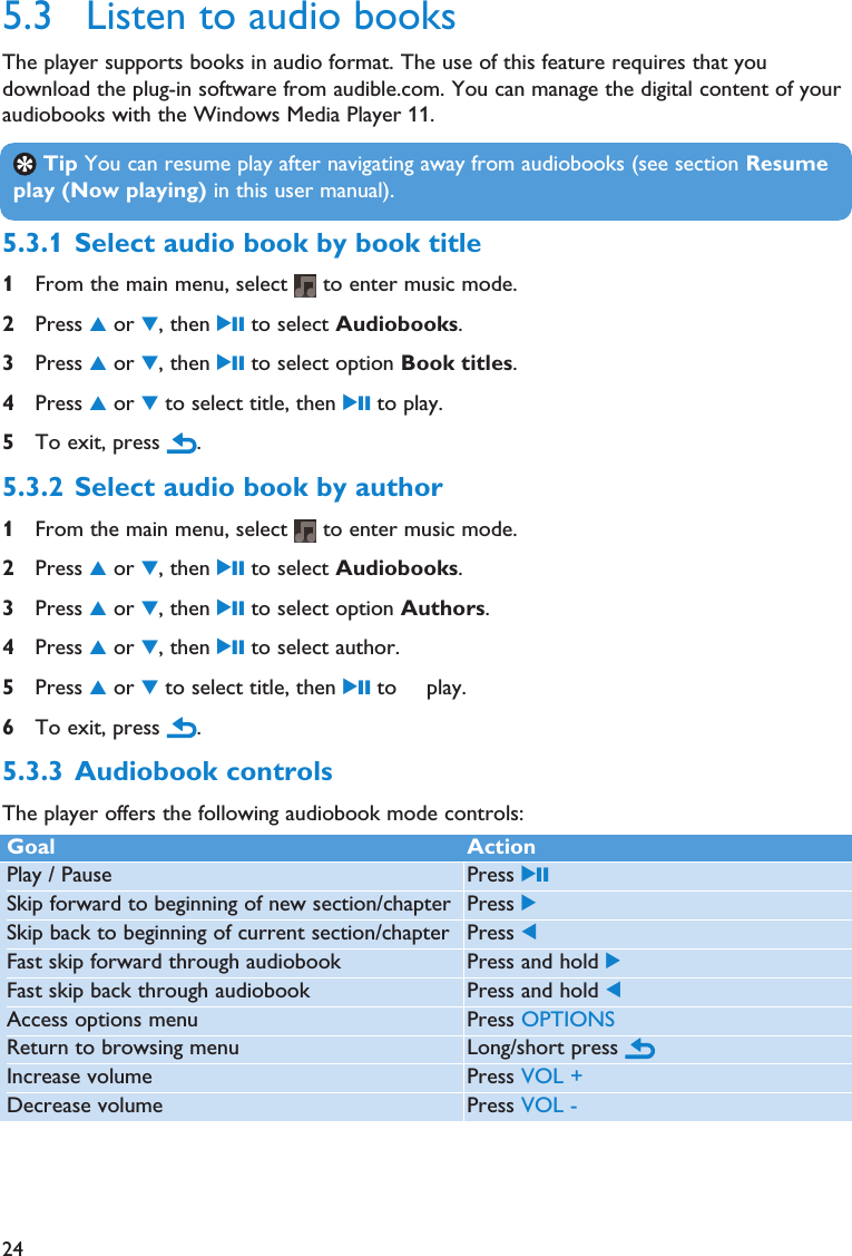 245.3 Listen to audio booksThe player supports books in audio format. The use of this feature requires that youdownload the plug-in software from audible.com. You can manage the digital content of youraudiobooks with the Windows Media Player 11.Tip You can resume play after navigating away from audiobooks (see section Resumeplay (Now playing) in this user manual).5.3.1 Select audio book by book title1From the main menu, select  to enter music mode.2Press 3or 4, then 2; to select Audiobooks.3Press 3or 4, then 2; to select option Book titles.4Press 3or 4to select title, then 2; to play.5To exit, press  .5.3.2 Select audio book by author1From the main menu, select  to enter music mode.2Press 3or 4, then 2; to select Audiobooks.3Press 3or 4, then 2; to select option Authors.4Press 3or 4, then 2; to select author.5Press 3or 4to select title, then 2; to play.6To exit, press  .5.3.3 Audiobook controlsThe player offers the following audiobook mode controls:Goal ActionPlay / Pause Press 2;Skip forward to beginning of new section/chapter Press 2Skip back to beginning of current section/chapter Press 1Fast skip forward through audiobook Press and hold 2Fast skip back through audiobook Press and hold 1Access options menu Press OPTIONSReturn to browsing menu Long/short press Increase volume Press VOL +Decrease volume Press VOL -