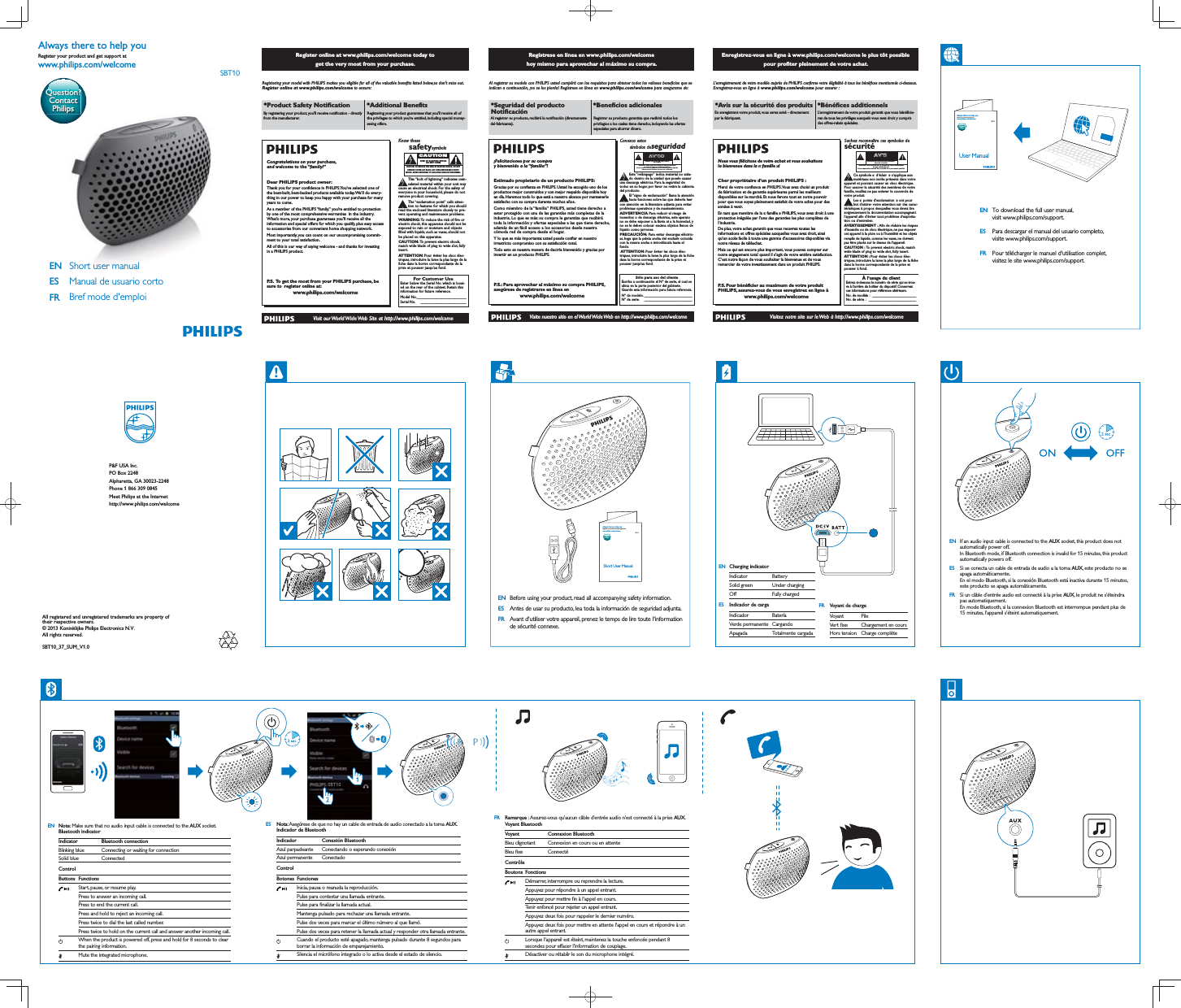 SBT10www.philips.com/welcomeAlways there to help youRegister your product and get support atQuestion?Contact PhilipsShort user manualENESFR Bref mode d&apos;emploiManual de usuario cortoP&amp;F USA Inc.PO Box 2248Alpharetta, GA 30023-2248Phone 1 866 309 0845Meet Philips at the Internethttp://www.philips.com/welcomeAll registered and unregistered trademarks are property of their respective owners.© 2013 Koninklijke Philips Electronics N.V.All rights reserved.SBT10_37_SUM_V1.0SBT10Short User Manualwww.philips.com/welcomeAlways there to help youRegister your product and get support atQuestion?Contact PhilipsBefore using your product, read all accompanying safety information.ENESFRAntes de usar su producto, lea toda la información de seguridad adjunta.Avant d&apos;utiliser votre appareil, prenez le temps de lire toute l&apos;information de sécurité connexe.User ManualSBT10www.philips.com/welcomeAlways there to help youRegister your product and get support atQuestion?Contact PhilipsTo download the full user manual, visit www.philips.com/support.Para descargar el manual del usuario completo, visite www.philips.com/support.Pour télécharger le manuel d&apos;utilisation complet, visitez le site www.philips.com/support.ENESFREnregistrez-vous en ligne à www.philips.com/welcome le plus tôt possible  Visitez notre site sur le Web à http://www.philips.com/welcomeEnregistrez www.philips.com/welcome pour assurer : En enregistrant votre produit, vous serez avisé - directement par le fabriquant.-rez de tous les privilèges auxquels vous avez droit y compris des offres-rabais spéciales.Nous vous félicitons de votre achat et vous souhaitons la bienvenue dans la « famille »!!de fabrication et de garantie supérieures parmi les meilleurs années à venir.protection inégalée par l’une des garanties les plus complètes de l’industrie.informations et offres spéciales auxquelles vous avez droit, ainsi qu’un accès facile à toute une gamme d’accessoires disponibles via Mais ce qui est encore plus important, vous pouvez compter sur notre engagement total quand il s’agit de votre entière satisfaction. &quot;#$%&amp;&apos;%&apos;(www.philips.com/welcomeÀ l’usage du clientEntrez ci-dessous le numéro de série qui se trou-ve à l’arrière du boîtier du dispositif.Conservezces informations pour référence ultérieure.No. de modèle :________________________No. de série :__________________________Sachez reconnaître ces symboles desécurité Ce symbole « d’éclair » s’applique auxmatériaux non isolés présents dans votreappareil et pouvant causer un choc électrique.Pour assurer la sécurité des membres de votrefamille, veuillez ne pas enlever le couvercle devotre produit.Les « points d’exclamation» ont pourbut d’attirer votre attention sur des carac-téristiques à propos desquelles vous devez liresoigneusement la documentation accompagnantl’appareil afin d’éviter tout problème d’exploita-tion ou d’entretien.AVERTISSEMENT : Afin de réduire les risquesd’incendie ou de choc électrique, ne pas exposercet appareil à la pluie ou à l’humidité et les objetsremplis de liquide, comme les vases,ne doiventpas être placés sur le dessus de l’appareil.CAUTION : To  prevent electric shock,matchwide blade of plug to wide slot, fully insert.ATTENTION : Pour éviter les chocs élec-triques,introduire la lame la plus large de  la fichedans la borne correspondante de la prise etpousser à fond.stAVISRISQUE DE CHOCS ÉLECTRIQUESNE PAS OUVRIRAttention: Afin de prévenir le risque de chocs électriquesne pas retirer les vis.Toute réparation devrait être confiée à un personnel qualifié.Regístrese en línea en www.philips.com/welcome  hoy mismo para aprovechar al máximo su compra. Visite nuestro sitio en el World Wide Web en http://www.philips.com/welcomeindican a continuación, ¡no se los pierda! Regístrese en línea en www.philips.com/welcome para asegurarse de:*Seguridad del producto )+del fabricante).Registrar su producto garantiza que recibirá todos los privilegios a los cuales tiene derecho, incluyendo las ofertas especiales para ahorrar dinero.¡Felicitaciones por su compra y bienvenido a la “familia”!Estimado propietario de un producto PHILIPS:estar protegido con una de las garantías más completas de la industria. Lo que es más: su compra le garantiza que recibirá además de un fácil acceso a los accesorios desde nuestra Todo esto es nuestra manera de decirle bienvenido y gracias por P.S.: Para aprovechar al máximo su compra PHILIPS, asegúrese de registrarse en línea enwww.philips.com/welcomeSólo para uso del clienteEscriba a continuación el Nº de serie, el cual seubica en la parte posterior del gabinete.Guarde esta información para futura referencia.Nº de modelo. __________________________Nº de serie. __________________________Conozca estossímbolos deseguridadEste “relámpago” indica material no aisla-do dentro de la unidad que puede causaruna descarga eléctrica. Para la seguridad detodos en su hogar,por favor no retire la cubiertadel producto.El “signo de exclamación”  llama la atenciónhacia funciones sobre las que debería leercon atención en la literatura adjunta para evitarproblemas operativos y de mantenimiento.ADVERTENCIA Para reducir el riesgo deincendios o de descarga eléctrica, este aparatono se debe exponer a la lluvia ni a la  humedad,yno se le deben colocar encima objetos llenos delíquido como jarrones.PRECAUCIÓN: Para evitar descargas eléctric-as,haga que la paleta ancha del enchufe coincidacon la ranura ancha e introdúzcala hasta elfondo.ATTENTION:Pour éviter les chocs élec-triques,introduire la lame la plus large de  la fichedans la borne correspondante de la prise etpousser jusqu’au fond.stAVISORIESGO DE CHOQUE ELÉCTRICONO ABRIRAtención: Para reducir el riesgo de choque elécrico,no quite la tapa (o el panel posterior).En su interior no hay piezas que el usuario pueda reparar.Para servicio dirijase a personel calificado.Register online at www.philips.com/welcome today to  get the very most from your purchase. Visit our World Wide Web Site at http://www.philips.com/welcomeRegister online at www.philips.com/welcome to ensure:01) *Additional Benefits For Customer UseEnter below the Serial No. which is locat-ed on the rear of the cabinet.Retain thisinformation for future reference.Model No.__________________________Serial No.________________________Know thesesafetysymbolsThis “bolt of lightning” indicates unin-sulated material within your unit maycause an electrical shock. For the safety ofeveryone in your household,please do notremove product covering.The “exclamation point” calls atten-tion to features for which you shouldread the enclosed literature closely to pre-vent operating and maintenance problems.WARNING:To reduce the risk of fire orelectric shock,this apparatus should not beexposed to rain or moisture and objectsfilled with liquids,such as vases,should notbe placed on this apparatus.CAUTION:To prevent electric shock,match wide blade of plug to wide slot, fullyinsert.ATTENTION:Pour éviter les choc élec-triques,introduire la lame la plus large de  lafiche dans la borne correspondante de laprise et pousser jusqu’au fond.CAUTIONRISK OF ELECTRIC SHOCKDO NOT OPENCAUTION: TO REDUCE THE RISK OF ELECTRIC SHOCK, DO NOTREMOVE COVER (OR BACK). NO USER-SERVICEABLE PARTSINSIDE. REFER SERVICING TO QUALIFIED SERVICE PERSONNEL.Congratulations on your purchase, and welcome to the “family!”Dear PHILIPS product owner: P.S.  To get the most from your PHILIPS purchase, be sure to  register online at:www.philips.com/welcomeEN Charging indicatorIndicator BatterySolid green Under chargingOff Fully chargedES Indicador de cargaIndicador BateríaVerde permanente CargandoApagada Totalmente cargadaFR Voyant de chargeVoyant Pile Chargement en coursHors tension Charge complèteEN If an audio input cable is connected to the AUX socket, this product does not automatically power off.In Bluetooth mode, if Bluetooth connection is invalid for 15 minutes, this product automatically powers off.ES Si se conecta un cable de entrada de audio a la toma AUX, este producto no se apaga automáticamente.este producto se apaga automáticamente.FR Si un câble d’entrée audio est connecté à la prise AUX, le produit ne s’éteindra pas automatiquement.15 minutes, l’appareil s’éteint automatiquement.FR Remarque : Assurez-vous qu’aucun câble d’entrée audio n’est connecté à la prise AUX.Voyant BluetoothVoyant Connexion BluetoothBleu clignotant  ConnectéContrôleBoutons FonctionsDémarrer, interrompre ou reprendre la lecture.Appuyez pour répondre à un appel entrant.Tenir enfoncé pour rejeter un appel entrant.autre appel entrant.Désactiver ou rétablir le son du microphone intégré.ES Nota: Asegúrese de que no hay un cable de entrada de audio conectado a la toma AUX.Indicador de BluetoothIndicador Conexión BluetoothAzul parpadeante Azul permanente ConectadoControlBotones FuncionesPulse para contestar una llamada entrante.Mantenga pulsado para rechazar una llamada entrante.Pulse dos veces para retener la llamada actual y responder otra llamada entrante.EN Note: Make sure that no audio input cable is connected to the AUX socket.Bluetooth indicatorIndicator Bluetooth connectionBlinking blue Connecting or waiting for connectionSolid blue ConnectedControlButtons FunctionsStart, pause, or resume play.Press to answer an incoming call.Press to end the current call.Press and hold to reject an incoming call.Press twice to dial the last called number.Press twice to hold on the current call and answer another incoming call.the pairing information.Mute the integrated microphone.