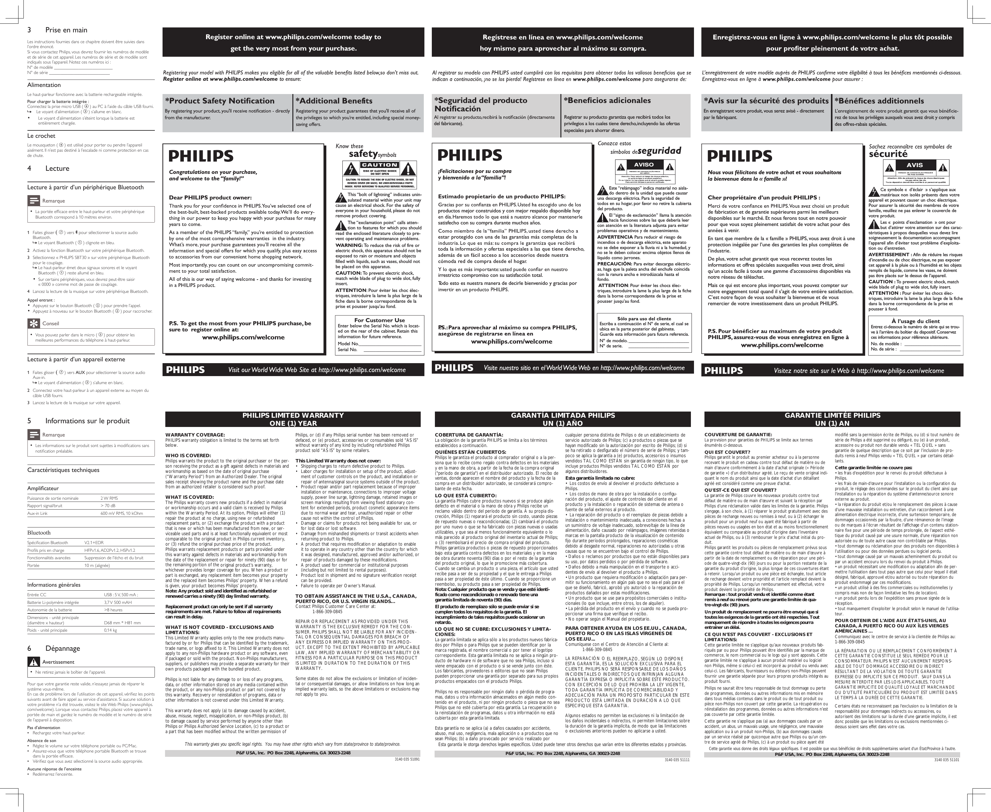 Register online at www.philips.com/welcome today to get the very most from your purchase.For Customer UseEnter below the Serial No.which is locat-ed on the rear of the cabinet. Retain thisinformation for future reference.Model No.__________________________Serial No. ________________________This “bolt of lightning” indicates unin-sulated material within your unit maycause an electrical shock.For the safety ofeveryone in your household, please do notremove product covering.The “exclamation point” calls atten-tion to features for which you shouldread the enclosed literature closely to pre-vent operating and maintenance problems.WARNING: To  reduce the risk of fire orelectric shock, this apparatus should not beexposed to rain or moisture and objectsfilled with liquids, such as vases, should notbe placed on this apparatus.CAUTION: To  prevent electric shock,match wide blade of plug to wide slot, fullyinsert.ATTENTION:Pour éviter les choc élec-triques, introduire la lame la plus large de lafiche dans la borne correspondante de laprise et pousser jusqu’au fond.Congratulations on your purchase,and welcome to the “family!”Dear PHILIPS product owner:P. S.  To  get the most from your PHILIPS purchase, be sure to  register online at:www.philips.com/welcomeRegister online at www.philips.com/welcome to ensure:PHILIPS LIMITED WARRANTYONE (1) YEARWARRANTY COVERAGE:PHILIPS warranty obligation is limited to the terms set forthbelow.WHO IS COVERED: Philips warrants the product to the original purchaser or the per-son receiving the product as a gift against defects in materials andworkmanship as based on the date of original purchase(“Warranty Period”) from an Authorized Dealer. The originalsales receipt showing the product name and the purchase datefrom an authorized retailer is considered such proof.WHAT IS COVERED:The Philips warranty covers new products if a defect in materialor workmanship occurs and a valid claim is received by Philipswithin the Warranty Period. At its option, Philips will either (1)repair the product at no charge, using new or refurbishedreplacement parts, or (2) exchange the product with a productthat is new or which has been manufactured from new, or ser-viceable used parts and is at least functionally equivalent or mostcomparable to the original product in Philips current inventory,or (3) refund the original purchase price of the product.Philips warrants replacement products or parts provided underthis warranty against defects in materials and workmanship fromthe date of the replacement or repair for ninety (90) days or forthe remaining portion of the original product’s warranty,whichever provides longer coverage for you. When a product orpart is exchanged, any replacement item becomes your propertyand the replaced item becomes Philips’ property. When a refundis given, your product becomes Philips’ property.Note: Any product sold and identified as refurbished orrenewed carries a ninety (90) day limited warranty.Replacement product can only be sent if all warrantyrequirements are met. Failure to follow all requirementscan result in delay. WHAT IS NOT COVERED - EXCLUSIONS ANDLIMITATIONS:This Limited Warranty applies only to the new products manu-factured by or for Philips that can be identified by the trademark,trade name, or logo affixed to it. This Limited Warranty does notapply to any non-Philips hardware product or any software, evenif packaged or sold with the product. Non-Philips manufacturers,suppliers, or publishers may provide a separate warranty for theirown products packaged with the bundled product.Philips is not liable for any damage to or loss of any programs,data, or other information stored on any media contained withinthe product, or any non-Philips product or part not covered bythis warranty. Recovery or reinstallation of programs, data orother information is not covered under this Limited Warranty.This warranty does not apply (a) to damage caused by accident,abuse, misuse, neglect, misapplication, or non-Philips product, (b)to damage caused by service performed by anyone other thanPhilips or Philips Authorized Service Location, (c) to a product ora part that has been modified without the written permission ofPhilips, or (d) if any Philips serial number has been removed ordefaced, or (e) product, accessories or consumables sold “AS IS”without warranty of any kind by including refurbished Philipsproduct sold “AS IS” by some retailers.This Limited Warranty does not cover:• Shipping charges to return defective product to Philips. • Labor charges for installation or setup of the product, adjust-ment of customer controls on the product, and installation orrepair of antenna/signal source systems outside of the product.• Product repair and/or part replacement because of improperinstallation or maintenance, connections to improper voltagesupply, power line surge, lightning damage, retained images orscreen markings resulting from viewing fixed stationary con-tent for extended periods, product cosmetic appearance itemsdue to normal wear and tear, unauthorized repair or othercause not within the control of Philips.• Damage or claims for products not being available for use, orfor lost data or lost software.• Damage from mishandled shipments or transit accidents whenreturning product to Philips.• A product that requires modification or adaptation to enableit to operate in any country other than the country for whichit was designed, manufactured, approved and/or authorized, orrepair of products damaged by these modifications. • A product used for commercial or institutional purposes(including but not limited to rental purposes).• Product lost in shipment and no signature verification receiptcan be provided.• Failure to operate per Owner’s Manual.TO OBTAIN ASSISTANCE IN THE U.S.A., CANADA, PUERTO RICO, OR U.S. VIRGIN ISLANDS…Contact Philips Customer Care Center at:1-866-309-0845REPAIR OR REPLACEMENT AS PROVIDED UNDER THISWARRANTY IS THE EXCLUSIVE REMEDY FOR THE CON-SUMER. PHILIPS SHALL NOT BE LIABLE FOR ANY INCIDEN-TAL OR CONSEQUENTIAL DAMAGES FOR BREACH OFANY EXPRESS OR IMPLIED WARRANTY ON THIS PROD-UCT. EXCEPT TO THE EXTENT PROHIBITED BY APPLICABLELAW, ANY IMPLIED WARRANTY OF MERCHANTABILITY ORFITNESS FOR A PARTICULAR PURPOSE ON THIS PRODUCTIS LIMITED IN DURATION TO THE DURATION OF THISWARRANTY.Some states do not allow the exclusions or limitation of inciden-tal or consequential damages, or allow limitations on how long animplied warranty lasts, so the above limitations or exclusions maynot apply to you.This warranty gives you specific legal rights. You may have other rights which vary from state/province to state/province.3140 035 51091P&amp;F USA, Inc.  PO Box 2248, Alpharetta, GA 30023-2248AVISO*Seguridad del producto del fabricante).Registrar su producto garantiza que recibirá todos los privilegios a los cuales tiene derecho, incluyendo las ofertas especiales para ahorrar dinero.¡Felicitaciones por su compray bienvenido a la “familia”!productos mejor construidos y con mejor respaldo disponible hoy satisfecho con su compra durante muchos años.estar protegido con una de las garantías más completas de la toda la información y ofertas especiales a las que tiene derecho, además de un fácil acceso a los accesorios desde nuestra cómoda red de compra desde el hogar.irrestricto compromiso con su satisfacción total.Todo esto es nuestra manera de decirle bienvenido y gracias por PSólo para uso del clienteEscriba a continuación el Nº de serie,el cual seubica en la parte posterior del gabinete.Guarde esta información para futura referencia.Nº de modelo. __________________________Nº de serie. __________________________Este “relámpago” indica material no aisla-do dentro de la unidad que puede causaruna descarga eléctrica. Para la seguridad detodos en su hogar, por favor no retire la cubiertadel producto.El “signo de exclamación” llama la atenciónhacia funciones sobre las que debería leercon atención en la literatura adjunta para evitarproblemas operativos y de mantenimiento.ADVERTENCIA Para reducir el riesgo deincendios o de descarga eléctrica, este aparatono se debe exponer a la lluvia ni a la humedad, yno se le deben colocar encima objetos llenos delíquido como jarrones.PRECAUCIÓN: Para evitar descargas eléctric-as, haga que la paleta ancha del enchufe coincidacon la ranura ancha e introdúzcala hasta elfondo.ATTENTION:Pour éviter les chocs élec-triques,introduire la lame la plus large de la fichedans la borne correspondante de la prise etpousser jusqu’au fond.GARANTÍA LIMITADA PHILIPSUN (1) AÑOCOBERTURA DE GARANTÍA:La obligación de la garantía PHILIPS se limita a los términosestablecidos a continuación.QUIÉNES ESTÁN CUBIERTOS:Philips le garantiza el producto al comprador original o a la per-sona que lo recibe como regalo contra defectos en los materialesy en la mano de obra, a partir de la fecha de la compra original(&quot;período de garantía&quot;) en el distribuidor autorizado. El recibo deventas, donde aparecen el nombre del producto y la fecha de lacompra en un distribuidor autorizado, se considerará compro-bante de esta fecha.LO QUE ESTÁ CUBIERTO:La garantía Philips cubre productos nuevos si se produce algúndefecto en el material o la mano de obra y Philips recibe unreclamo válido dentro del período de garantía. A su propia dis-creción, Philips (1) reparará el producto sin costo, usando piezasde repuesto nuevas o reacondicionadas; (2) cambiará el productopor uno nuevo o que se ha fabricado con piezas nuevas o usadasutilizables, y que sea al menos funcionalmente equivalente o lomás parecido al producto original del inventario actual de Philips;o (3) reembolsará el precio de compra original del producto.Philips garantiza productos o piezas de repuesto proporcionadosbajo esta garantía contra defectos en los materiales y en la manode obra durante noventa (90) días o por el resto de la garantíadel producto original, lo que le promocione más cobertura.Cuando se cambia un producto o una pieza, el artículo que ustedrecibe pasa a ser de su propiedad y el que le entrega a Philipspasa a ser propiedad de éste último. Cuando se proporcione unreembolso, su producto pasa a ser propiedad de Philips.Nota: Cualquier producto que se venda y que esté identi-ficado como reacondicionado o renovado tiene unagarantía limitada de noventa (90) días.El producto de reemplazo sólo se puede enviar si secumplen todos los requisitos de la garantía. Elincumplimiento de tales requisitos puede ocasionar unretardo.LO QUE NO SE CUBRE: EXCLUSIONES Y LIMITA-CIONES:La garantía limitada se aplica sólo a los productos nuevos fabrica-dos por Philips o para Philips que se pueden identificar por lamarca registrada, el nombre comercial o por tener el logotipocorrespondiente. Esta garantía limitada no se aplica a ningún pro-ducto de hardware ni de software que no sea Philips, incluso siviene empacado con el producto o si se vende junto con éste.Los fabricantes, proveedores o editores que no sean Philipspueden proporcionar una garantía por separado para sus propiosproductos empacados con el producto Philips.Philips no es responsable por ningún daño o pérdida de progra-mas, datos u otra información almacenados en algún medio con-tenido en el producto, ni por ningún producto o pieza que no seaPhilips que no esté cubierta por esta garantía. La recuperación ola reinstalación de programas, datos u otra información no estácubierta por esta garantía limitada.Esta garantía no se aplica (a) a daños causados por accidente,abuso, mal uso, negligencia, mala aplicación o a productos que nosean Philips; (b) a daño provocado por servicio realizado porcualquier persona distinta de Philips o de un establecimiento deservicio autorizado de Philips; (c) a productos o piezas que sehayan modificado sin la autorización por escrito de Philips; (d) sise ha retirado o desfigurado el número de serie de Philips; y tam-poco se aplica la garantía a (e) productos, accesorios o insumosvendidos TAL COMO ESTÁN sin garantía de ningún tipo, lo queincluye productos Philips vendidos TAL COMO ESTÁN poralgunos distribuidores.Esta garantía limitada no cubre:• Los costos de envío al devolver el producto defectuoso aPhilips.• Los costos de mano de obra por la instalación o configu-ración del producto, el ajuste de controles del cliente en elproducto y la instalación o reparación de sistemas de antena ofuente de señal externos al producto.• La reparación del producto o el reemplazo de piezas debido ainstalación o mantenimiento inadecuada, a conexiones hechas aun suministro de voltaje inadecuado, sobrevoltaje de la línea dealimentación, daño causado por relámpagos, imágenes retenidas omarcas en la pantalla producto de la visualización de contenidofijo durante períodos prolongados, reparaciones cosméticasdebido al desgaste normal, reparaciones no autorizadas u otrascausas que no se encuentren bajo el control de Philips.• Daños o reclamos por productos que no están disponibles parasu uso, por datos perdidos o por pérdida de software.• Daños debido a mala manipulación en el transporte o acci-dentes de envío al devolver el producto a Philips.• Un producto que requiera modificación o adaptación para per-mitir su funcionamiento en algún país que no sea el país para elque se diseñó, fabricó, aprobó y/o autorizó o la reparación deproductos dañados por estas modificaciones.• Un producto que se use para propósitos comerciales o institu-cionales (lo que incluye, entre otros, los de alquiler).• La pérdida del producto en el envío y cuando no se pueda pro-porcionar una firma que verifique el recibo.• No operar según el Manual del propietario.PARA OBTENER AYUDA EN LOS EE.UU., CANADA, PUERTO RICO O EN LAS ISLAS VÍRGENES DELOS EE.UU...Comuníquese con el Centro de Atención al Cliente al:1-866-309-0845LA REPARACIÓN O EL REEMPLAZO, SEGÚN LO DISPONEESTA GARANTÍA, ES LA SOLUCIÓN EXCLUSIVA PARA ELCLIENTE. PHILIPS NO SERÁ RESPONSABLE DE LOS DAÑOSINCIDENTALES O INDIRECTOS QUE INFRINJAN ALGUNAGARANTÍA EXPRESA O IMPLÍCITA SOBRE ESTE PRODUCTO.CON EXCEPCIÓN DE LO QUE PROHÍBA LA LEY VIGENTE,TODA GARANTÍA IMPLÍCITA DE COMERCIABILIDAD YADECUACIÓN PARA UN PROPÓSITO PARTICULAR EN ESTEPRODUCTO ESTÁ LIMITADA EN DURACIÓN A LO QUEESPECIFIQUE ESTA GARANTÍA.Algunos estados no permiten las exclusiones ni la limitación delos daños incidentales o indirectos, ni permiten limitaciones sobrela duración de la garantía implícita, de modo que las limitacioneso exclusiones anteriores pueden no aplicarse a usted.Esta garantía le otorga derechos legales específicos. Usted puede tener otros derechos que varían entre los diferentes estados y provincias.3140 035 51111P&amp;F USA, Inc.  PO Box 2248, Alpharetta, GA 30023-2248*Avis sur la sécurité des prodEn enregistrant votre produit, vous serez avisé - directement par le fabriquant. rez de tous les privilèges auxquels vous avez droit y compris des offres-rabais spéciales.Nous vous félicitons de votre achat et vous souhaitons la bienvenue dans la « famille »!Cher propriétaire d’un produit PHILIPS :de fabrication et de garantie supérieures parmi les meilleurs disponibles sur le marché. Et nous ferons tout en notre pouvoir pour que vous soyez pleinement satisfait de votre achat pour des années à venir.En tant que membre de la « famille » PHILIPS, vous avez droit à une protection inégalée par l’une des garanties les plus complètes de l’industrie.De plus, votre achat garantit que vous recevrez toutes les informations et offres spéciales auxquelles vous avez droit, ainsi qu’un accès facile à toute une gamme d’accessoires disponibles via notre réseau de téléachat.Mais ce qui est encore plus important, vous pouvez compter sur notre engagement total quand il s’agit de votre entière satisfaction. C’est notre façon de vous souhaiter la bienvenue et de vous remercier de votre investissement dans un produit PHILIPS.PHILIPS, assurez-vous de vous enregistrez en ligne àwww.philips.com/welcomeÀ l’usage du clientEntrez ci-dessous le numéro de série qui se trou-ve à l’arrière du boîtier du dispositif.Conservezces informations pour référence ultérieure.No.de modèle : ________________________No.de série :__________________________Ce symbole « d’éclair » s’applique auxmatériaux non isolés présents dans votreappareil et pouvant causer un choc électrique.Pour assurer la sécurité des membres de votrefamille,veuillez ne pas enlever le couvercle devotre produit.Les «points d’exclamation» ont pourbut d’attirer votre attention sur des carac-téristiques à propos desquelles vous devez liresoigneusement la documentation accompagnantl’appareil afin d’éviter tout problème d’exploita-tion ou d’entretien.AVERTISSEMENT : Afin de réduire les risquesd’incendie ou de choc électrique, ne pas exposercet appareil à la pluie ou à l’humidité et les objetsremplis de liquide, comme les vases, ne doiventpas être placés sur le dessus de l’appareil.CAUTION : To  prevent electric shock, matchwide blade of plug to wide slot, fully insert.ATTENTION : Pour éviter les chocs élec-triques,introduire la lame la plus large de la fichedans la borne correspondante de la prise etpousser à fond.AVISGARANTIE LIMITÉE PHILIPSUN (1) ANCOUVERTURE DE GARANTIE:La provision pour garanties de PHILIPS se limite aux termesénumérés ci-dessous.QUI EST COUVERT?Philips garantit le produit au premier acheteur ou à la personnerecevant le produit en cadeau contre tout défaut de matière ou demain d’œuvre conformément à la date d’achat originale (« Périodede garantie ») d’un distributeur agréé. Le reçu de vente original indi-quant le nom du produit ainsi que la date d’achat d’un détaillantagréé est considéré comme une preuve d&apos;achat.QU&apos;EST-CE QUI EST COUVERT?La garantie de Philips couvre les nouveaux produits contre toutdéfaut de matière ou de main d’œuvre et suivant la réception parPhilips d’une réclamation valide dans les limites de la garantie. Philipss’engage, à son choix, à (1) réparer le produit gratuitement avec despièces de rechange neuves ou remises à neuf, ou à (2) échanger leproduit pour un produit neuf ou ayant été fabriqué à partir depièces neuves ou usagées en bon état et au moins fonctionnellementéquivalent ou comparable au produit d’origine dans l’inventaireactuel de Philips, ou à (3) rembourser le prix d’achat initial du pro-duit.Philips garantit les produits ou pièces de remplacement prévus souscette garantie contre tout défaut de matière ou de main d’œuvre àpartir de la date de remplacement ou de réparation pour une péri-ode de quatre-vingt-dix (90) jours ou pour la portion restante de lagarantie du produit d’origine, la plus longue de ces couvertures étantà retenir. Lorsqu’un produit ou une pièce est échangée, tout articlede rechange devient votre propriété et l’article remplacé devient lapropriété de Philips. Lorsqu’un remboursement est effectué, votreproduit devient la propriété de Philips.Remarque : tout produit vendu et identifié comme étantremis à neuf ou rénové porte une garantie limitée de qua-tre-vingt-dix (90) jours.Un produit de remplacement ne pourra être envoyé que sitoutes les exigences de la garantie ont été respectées. Toutmanquement de répondre à toutes les exigences pourraentraîner un délai.CE QUI N’EST PAS COUVERT - EXCLUSIONS ETLIMITATIONS:Cette garantie limitée ne s’applique qu’aux nouveaux produits fab-riqués par ou pour Philips pouvant être identifiés par la marque decommerce, le nom commercial ou le logo qui y sont apposés. Cettegarantie limitée ne s’applique à aucun produit matériel ou logicielnon Philips, même si celui-ci est incorporé au produit ou vendu aveccelui-ci. Les fabricants, fournisseurs ou éditeurs non-Philips peuventfournir une garantie séparée pour leurs propres produits intégrés auproduit fourni.Philips ne saurait être tenu responsable de tout dommage ou pertede programmes, données ou autres informations mis en mémoiredans tous médias contenus dans le produit ou de tout produit oupièce non-Philips non couvert par cette garantie. La récupération ouréinstallation des programmes, données ou autres informations n’estpas couverte par cette garantie limitée.Cette garantie ne s’applique pas (a) aux dommages causés par unaccident, un abus, un mauvais usage, une négligence, une mauvaiseapplication ou à un produit non-Philips, (b) aux dommages causéspar un service réalisé par quiconque autre que Philips ou qu’un cen-tre de service agréé de Philips, (c) à un produit ou pièce ayant étémodifié sans la permission écrite de Philips, ou (d) si tout numéro desérie de Philips a été supprimé ou défiguré, ou (e) à un produit,accessoire ou produit non durable vendu « TEL QUEL » sansgarantie de quelque description que ce soit par l’inclusion de pro-duits remis à neuf Philips vendu « TEL QUEL » par certains détail-lants.Cette garantie limitée ne couvre pas:• les frais d&apos;expédition pour le renvoi du produit défectueux àPhilips.• les frais de main-d&apos;œuvre pour l&apos;installation ou la configuration duproduit, le réglage des commandes sur le produit du client ainsi quel&apos;installation ou la réparation du système d&apos;antenne/source sonoreexterne au produit.• la réparation du produit et/ou le remplacement des pièces à caused&apos;une mauvaise installation ou entretien, d&apos;un raccordement à unealimentation électrique incorrecte, d’une surtension temporaire, dedommages occasionnés par la foudre, d’une rémanence de l’imageou de marques à l’écran résultant de l’affichage d’un contenu station-naire fixe pour une période de temps prolongée, de l’aspect esthé-tique du produit causé par une usure normale, d&apos;une réparation nonautorisée ou de toute autre cause non contrôlable par Philips.• tout dommage ou réclamation pour des produits non disponibles àl’utilisation ou pour des données perdues ou logiciel perdu.• tout dommage causé par un mauvais acheminement du produit oupar un accident encouru lors du renvoi du produit à Philips.• un produit nécessitant une modification ou adaptation afin de per-mettre l&apos;utilisation dans tout pays autre que celui pour lequel il étaitdésigné, fabriqué, approuvé et/ou autorisé ou toute réparation duproduit endommagé par ces modifications.• un produit utilisé à des fins commerciales ou institutionnelles (ycompris mais non de façon limitative les fins de location).• un produit perdu lors de l’expédition sans preuve signée de laréception.• tout manquement d’exploiter le produit selon le manuel de l’utilisa-teur.POUR OBTENIR DE L’AIDE AUX ÉTATS-UNIS, AU CANADA, À PUERTO RICO OU AUX ÎLES VIERGESAMÉRICAINES …Communiquez avec le centre de service à la clientèle de Philips au:1-866-309-0845LA RÉPARATION OU LE REMPLACEMENT CONFORMÉMENT ÀCETTE GARANTIE CONSTITUE LE SEUL REMÈDE POUR LECONSOMMATEUR. PHILIPS N’EST AUCUNEMENT RESPONS-ABLE DE TOUT DOMMAGE ACCESSOIRE OU INDIRECTRÉSULTANT DE LA VIOLATION DE TOUTE GARANTIEEXPRESSE OU IMPLICITE SUR CE PRODUIT. SAUF DANS LAMESURE INTERDITE PAR LES LOIS APPLICABLES, TOUTEGARANTIE IMPLICITE DE QUALITÉ LOYALE ET MARCHANDEOU D’UTILITÉ PARTICULIÈRE DU PRODUIT EST LIMITÉE DANSLE TEMPS À LA DURÉE DE CETTE GARANTIE.Certains états ne reconnaissent pas l&apos;exclusion ou la limitation de laresponsabilité pour dommages indirects ou accessoires, ouautorisent des limitations sur la durée d’une garantie implicite, il estdonc possible que les limitations ou exclusions mentionnées ci-dessus soient sans effet dans votre cas.Cette garantie vous donne des droits légaux spécifiques. Il est possible que vous bénéficiiez de droits supplémentaires variant d&apos;un État/Province à l&apos;autre.3140 035 51101P&amp;F USA, Inc.  PO Box 2248, Alpharetta, GA 30023-22483 PriseenmainLes instructions fournies dans ce chapitre doivent être suivies dans l’ordre énoncé.Si vous contactez Philips, vous devrez fournir les numéros de modèle et de série de cet appareil. Les numéros de série et de modèle sont indiqués sous l’appareil. Notez ces numéros ici : N° de modèle __________________________N° de série ___________________________AlimentationLe haut-parleur fonctionne avec la batterie rechargeable intégrée.Pourchargerlabatterieintégrée:Connectez la prise micro USB (   ) au PC à l’aide du câble USB fourni.  » Le voyant d’alimentation (   ) s’allume en blanc.•  Le voyant d’alimentation s’éteint lorsque la batterie est entièrement chargée.LecrochetLe mousqueton (   ) est utilisé pour porter ou pendre l’appareil aisément. Il n’est pas destiné à l’escalade ni comme protection en cas de chute.4 LectureLectureàpartird’unpériphériqueBluetoothRemarque •La portée efcace entre le haut-parleur et votre périphérique Bluetooth correspond à 10 mètres environ.1  Faites glisser (   ) vers   pour sélectionner la source audio Bluetooth. » Le voyant Bluetooth (   ) clignote en bleu.2  Activez la fonction Bluetooth sur votre périphérique Bluetooth.3 Sélectionnez « PHILIPS SBT30 » sur votre périphérique Bluetooth pour le couplage. » Le haut-parleur émet deux signaux sonores et le voyant Bluetooth (   ) reste allumé en bleu.•  Sur certains périphériques, vous devrez peut-être saisir « 0000 » comme mot de passe de couplage.4  Lancez la lecture de la musique sur votre périphérique Bluetooth.Appelentrant:•  Appuyez sur le bouton Bluetooth (   ) pour prendre l’appel.•  Appuyez à nouveau sur le bouton Bluetooth (   ) pour raccrocher.Conseil •Vous pouvez parler dans le micro (   ) pour obtenir les meilleures performances du téléphone à haut-parleur.Lectureàpartird’unappareilexterne1  Faites glisser (   ) vers AUX pour sélectionner la source audio Aux-in. » Le voyant d’alimentation (   ) s’allume en blanc.2  Connectez votre haut-parleur à un appareil externe au moyen du câble USB fourni.3 Lancez la lecture de la musique sur votre appareil.5 InformationssurleproduitRemarque •Les informations sur le produit sont sujettes à modications sans notication préalable.CaractéristiquestechniquesAmplicateurPuissance de sortie nominale 2 W RMSRapport signal/bruit &gt; 70 dBAux-in Link 600 mV RMS, 10 kOhmBluetoothSpécication Bluetooth V2.1+EDRProls pris en charge HFPv1.6, AD2Pv1.2, HSPv1.2Fonctionnalités avancées Suppression de l&apos;écho et du bruitPortée 10 m (alignée)InformationsgénéralesEntrée CC USB : 5 V, 500 mA ;Batterie Li-polymère intégrée 3,7 V 500 mAHAutonomie de la batterie &gt;8 heuresDimensions - unité principale (diamètre x hauteur) D68 mm * H81 mmPoids - unité principale 0,14 kg6 DépannageAvertissement •Ne retirez jamais le boîtier de l&apos;appareil.Pour que votre garantie reste valide, n’essayez jamais de réparer le système vous-même. En cas de problème lors de l’utilisation de cet appareil, vériez les points suivants avant de faire appel au service d’assistance. Si aucune solution à votre problème n’a été trouvée, visitez le site Web Philips (www.philips.com/welcome). Lorsque vous contactez Philips, placez votre appareil à portée de main et gardez le numéro de modèle et le numéro de série de l’appareil à disposition.Pasd’alimentation •Rechargez votre haut-parleur.Absencedeson •Réglez le volume sur votre téléphone portable ou PC/Mac. •Assurez-vous que votre téléphone portable Bluetooth se trouve dans la portée efcace. •Vériez que vous avez sélectionné la source audio appropriée.Aucuneréponsedel’enceinte •Redémarrez l’enceinte.