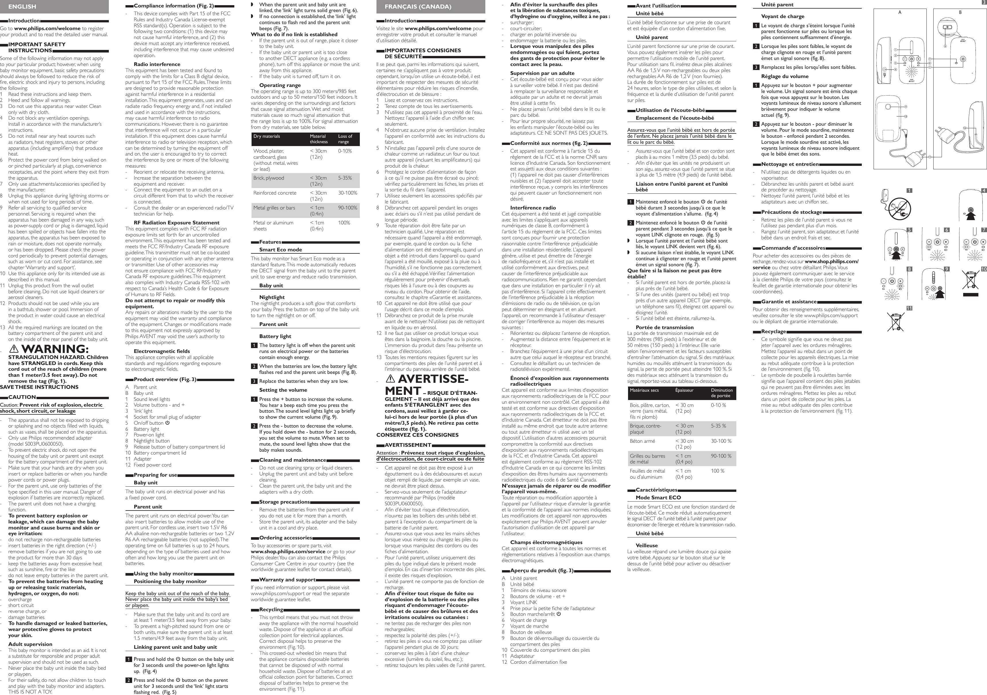 ENGLISHIntroductionGo to www.philips.com/welcome to register your product and to read the detailed user manual.IMPORTANT SAFETY INSTRUCTIONSSome of the following information may not apply to your particular product; however, when using baby monitor equipment, basic safety precautions should always be followed to reduce the risk of re, electric shock and injury to persons, including the following:1  Read these instructions and keep them.2  Heed and follow all warnings.3  Do not use this apparatus near water. Clean only with dry cloth.4  Do not block any ventilation openings. Install in accordance with the manufacturer’s instructions.5  Do not install near any heat sources such as radiators, heat registers, stoves or other apparatus (including ampliers) that produce heat.6  Protect the power cord from being walked on or pinched particularly at plugs, convenience receptacles, and the point where they exit from the apparatus.7  Only use attachments/accessories specied by the manufacturer.8  Unplug this appliance during lightning storms or when not used for long periods of time.9  Refer all servicing to qualied service personnel. Servicing is required when the apparatus has been damaged in any way, such as power-supply cord or plug is damaged, liquid has been spilled or objects have fallen into the apparatus, the apparatus has been exposed to rain or moisture, does not operate normally, or has been dropped. Please check the power cord periodically to prevent potential damages, such as worn or cut cord. For assistance, see chapter ‘Warranty and support’.10  Use this appliance only for its intended use as described in this manual. 11  Unplug this product from the wall outlet before cleaning. Do not use liquid cleaners or aerosol cleaners.12  Products should not be used while you are in a bathtub, shower or pool. Immersion of the product in water could cause an electrical shock.13  All the required markings are located on the battery compartment of the parent unit and on the inside of the rear panel of the baby unit.  -  WARNING: STRANGULATION HAZARD. Children have STRANGLED in cords. Keep this cord out of the reach of children (more than 1 meter/3.5 feet away). Do not remove the tag (Fig. 1).SAVE THESE  INSTRUCTIONSCAUTIONCaution: Prevent risk of explosion, electric shock, short circuit, or leakage - The apparatus shall not be exposed to dripping or splashing and no objects lled with liquids, such as vases, shall be placed on the apparatus. - Only use Philips recommended adapter  (model S003PU0600050).  - To prevent electric shock, do not open the housing of the baby unit or parent unit except for the battery compartment of the parent unit. - Make sure that your hands are dry when you insert or replace batteries or when you handle power cords or power plugs. - For the parent unit, use only batteries of the type specied in this user manual. Danger of explosion if batteries are incorrectly replaced. - The parent unit does not have a charging function. - To prevent battery explosion or leakage, which can damage the baby monitor and cause burns and skin or eye irritation: - do not recharge non-rechargeable batteries - insert batteries in the right direction (+/-) - remove batteries if you are not going to use the product for more than 30 days - keep the batteries away from excessive heat such as sunshine, re or the like - do not leave empty batteries in the parent unit. - To prevent the batteries from heating up or releasing toxic materials, hydrogen, or oxygen, do not: - overcharge - short circuit - reverse charge, or - damage batteries - To handle damaged or leaked batteries, wear protective gloves to protect  your skin.Adult supervision - This baby monitor is intended as an aid. It is not a substitute for responsible and proper adult supervision and should not be used as such. - Never place the baby unit inside the baby bed or playpen. - For their safety, do not allow children to touch and play with the baby monitor and adapters. THIS IS NOT A TOY.FRANÇAIS (CANADA)  IntroductionVisitez le site www.philips.com/welcome pour enregistrer votre produit et consulter le manuel d’utilisation détaillé.IMPORTANTES CONSIGNES DE SÉCURITÉIl se peut que, parmi les informations qui suivent, certaines ne s’appliquent pas à votre produit; cependant, lorsqu’on utilise un écoute-bébé, il est important de respecter des mesures de sécurité élémentaires pour réduire les risques d’incendie, d’électrocution et de blessure :1  Lisez et conservez ces instructions.2  Tenez compte de tous les avertissements.3  N’utilisez pas cet appareil à proximité de l’eau. Nettoyez l’appareil à l’aide d’un chiffon sec seulement.4  N’obstruez aucune prise de ventilation. Installez l’appareil en conformité avec les instructions du fabricant.5  N’installez pas l’appareil près d’une source de chaleur comme un radiateur, un four ou tout autre appareil (incluant les amplicateurs) qui produit de la chaleur.6  Protégez le cordon d’alimentation de façon à ce qu’il ne puisse pas être écrasé ou pincé; vériez particulièrement les ches, les prises et la sortie du l dans l’appareil.7  Utilisez seulement les accessoires spéciés par le fabricant.8  Débranchez cet appareil pendant les orages avec éclairs ou s’il n’est pas utilisé pendant de longue période.9  Toute réparation doit être faite par un technicien qualié. Une réparation est nécessaire quand l’appareil a été endommagé, par exemple, quand le cordon ou la che d’alimentation ont été endommagés, quand un objet a été introduit dans l’appareil ou quand l’appareil a été mouillé, exposé à la pluie ou à l’humidité, s’il ne fonctionne pas correctement ou s’il a été échappé. Vériez l’alimentation régulièrement pour prévenir d’éventuels risques liés à l’usure ou à des coupures au niveau du cordon. Pour obtenir de l’aide, consultez le chapitre «Garantie et assistance».10  Cet appareil ne doit être utilisé que pour l’usage décrit dans ce mode d’emploi. 11  Débranchez ce produit de la prise murale avant de le nettoyer. N’utilisez pas de nettoyant en liquide ou en aérosol.12  Il ne faut pas utiliser ce produit lorsque vous êtes dans la baignoire, la douche ou la piscine. L’immersion du produit dans l’eau présente un risque d’électrocution.13  Toutes les mentions requises gurent sur les compartiments des piles de l’unité parent et à l’intérieur du panneau arrière de l’unité bébé.  -  AVERTISSE-MENT – RISQUE D’ÉTRAN-GLEMENT – Il est déjà arrivé que des enfants S’ÉTRANGLENT avec des cordons, aussi veillez à garder ce-lui-ci hors de leur portée (à plus d’un mètre/3,5 pieds). Ne retirez pas cette étiquette (g. 1).CONSERVEZ CES CONSIGNESAVERTISSEMENTAttention : Prévenez tout risque d’explosion, d’électrocution, de court-circuit ou de fuite - Cet appareil ne doit pas être exposé à un égouttement ou à des éclaboussures et aucun objet rempli de liquide, par exemple un vase, ne devrait être placé dessus. - Servez-vous seulement de l’adaptateur recommandé par Philips (modèle S003PU0600050).  - An d’éviter tout risque d’électrocution, n’ouvrez pas les boîtiers des unités bébé et parent à l’exception du compartiment de la batterie de l’unité parent. - Assurez-vous que vous avez les mains sèches lorsque vous insérez ou changez les piles ou lorsque vous manipulez des cordons ou des ches d’alimentation. - Pour l’unité parent, utilisez uniquement des piles du type indiqué dans le présent mode d’emploi. En cas d’insertion incorrecte des piles, il existe des risques d’explosion. - L’unité parent ne comporte pas de fonction de recharge. - An d’éviter tout risque de fuite ou d’explosion de la batterie ou des piles risquant d’endommager l’écoute-bébé et de causer des brûlures et des irritations oculaires ou cutanées : - ne tentez pas de recharger des piles non rechargeables; - respectez la polarité des piles (+/-); - retirez les piles si vous ne comptez pas utiliser l’appareil pendant plus de 30 jours; - conservez les piles à l’abri d’une chaleur excessive (lumière du soleil, feu, etc.); - retirez toujours les piles usées de l’unité parent.Compliance information (Fig. 2) - This device complies with Part 15 of the FCC Rules and Industry Canada License-exempt RSS standard(s). Operation is subject to the following two conditions: (1) this device may not cause harmful interference, and (2) this device must accept any interference received, including interference that may cause undesired operation.Radio interferenceThis equipment has been tested and found to comply with the limits for a Class B digital device, pursuant to Part 15 of the FCC Rules. These limits are designed to provide reasonable protection against harmful interference in a residential installation. This equipment generates, uses and can radiate radio frequency energy and, if not installed and used in accordance with the instructions, may cause harmful interference to radio communications. However, there is no guarantee that interference will not occur in a particular installation. If this equipment does cause harmful interference to radio or television reception, which can be determined by turning the equipment off and on, the user is encouraged to try to correct the interference by one or more of the following measures: - Reorient or relocate the receiving antenna. - Increase the separation between the equipment and receiver. - Connect the equipment to an outlet on a circuit different from that to which the receiver is connected. - Consult the dealer or an experienced radio/TV technician for help.RF Radiation Exposure StatementThis equipment complies with FCC RF radiation exposure limits set forth for an uncontrolled environment. This equipment has been tested and meets the FCC RF/Industry Canada RF exposure guideline. This transmitter must not be co-located or operating in conjunction with any other antenna or transmitter. Use of other accessories may not ensure compliance with FCC RF/Industry Canada RF exposure guidelines. This equipment also complies with Industry Canada RSS-102 with respect to Canada’s Health Code 6 for Exposure of Humans to RF Fields.Do not attempt to repair or modify this equipment.Any repairs or alterations made by the user to the equipment may void the warranty and compliance of the equipment. Changes or modications made to this equipment not expressly approved by Philips AVENT may void the user’s authority to operate this equipment.Electromagnetic eldsThis appliance complies with all applicable standards and regulations regarding exposure  to electromagnetic elds.Product overview (Fig. 3)A  Parent unitB  Baby unit1  Sound level lights2  Volume buttons - and +3  ’link’ light4  Socket for small plug of adapter5  On/off button 36  Battery light7  Power-on light8  Nightlight button 9  Release button of battery compartment lid10  Battery compartment lid11 Adapter12  Fixed power cordPreparing for useBaby unitThe baby unit runs on electrical power and has  a xed power cord.Parent unitThe parent unit runs on electrical power. You can also insert batteries to allow mobile use of the parent unit. For cordless use, insert two 1.5V R6 AA alkaline non-rechargeable batteries or two 1.2V R6 AA rechargeable batteries (not supplied). The operating time on full batteries is up to 24 hours, depending on the type of batteries used and how often and how long you use the parent unit on batteries.Using the baby monitorPositioning the baby monitorKeep the baby unit out of the reach of the baby. Never place the baby unit inside the baby’s bed or playpen. - Make sure that the baby unit and its cord are at least 1 meter/3.5 feet away from your baby. - To prevent a high-pitched sound from one or both units, make sure the parent unit is at least 1.5 meters/4.9 feet away from the baby unit.Linking parent unit and baby unit 1  Press and hold the 3 button on the baby unit for 3 seconds until the power-on light lights up.  (Fig. 4) 2  Press and hold the 3 button on the parent unit for 3 seconds until the ‘link’ light starts ashing red.  (Fig. 5) - An d’éviter la surchauffe des piles et la libération de substances toxiques, d’hydrogène ou d’oxygène, veillez à ne pas : - surcharger; - court-circuiter; - charger en polarité inversée ou - endommager la batterie ou les piles. - Lorsque vous manipulez des piles endommagées ou qui fuient, portez des gants de protection pour éviter le contact avec la peau.Supervision par un adulte - Cet écoute-bébé est conçu pour vous aider à surveiller votre bébé. Il n’est pas destiné à remplacer la surveillance responsable et adéquate par un adulte et ne devrait jamais être utilisé à cette n. - Ne placez jamais l’unité bébé dans le lit ou le parc du bébé. - Pour leur propre sécurité, ne laissez pas les enfants manipuler l’écoute-bébé ou les adaptateurs. CE NE SONT PAS DES JOUETS.Conformité aux normes (fig. 2)  - Cet appareil est conforme à l’article 15 du règlement de la FCC et à la norme CNR sans licence d’Industrie Canada. Son fonctionnement est assujetti aux deux conditions suivantes : (1) l’appareil ne doit pas causer d’interférences nuisibles et (2) l’appareil doit accepter toute interférence reçue, y compris les interférences qui peuvent causer un fonctionnement non désiré.Interférence radioCet équipement a été testé et jugé compatible avec les limites s’appliquant aux appareils numériques de classe B, conformément à l’article 15 du règlement de la FCC. Ces limites sont conçues pour fournir une protection raisonnable contre l’interférence préjudiciable dans une installation résidentielle. L’appareil génère, utilise et peut émettre de l’énergie de radiofréquence et, s’il n’est pas installé et utilisé conformément aux directives, peut causer de l’interférence préjudiciable aux radiocommunications. Rien ne garantit cependant que dans une installation en particulier il n’y ait pas d’interférence. Si l’appareil crée effectivement de l’interférence préjudiciable à la réception d’émissions de radio ou de télévision, ce qu’on peut déterminer en éteignant et en allumant l’appareil, on recommande à l’utilisateur d’essayer de corriger l’interférence au moyen des mesures suivantes : - Réorientez ou déplacez l’antenne de réception. - Augmentez la distance entre l’équipement et le récepteur. - Branchez l’équipement à une prise d’un circuit autre que celui auquel le récepteur est branché. - Consultez le détaillant ou un technicien de radiotélévision expérimenté.Énoncé d’exposition aux rayonnements radioélectriquesCet appareil est conforme aux limites d’exposition aux rayonnements radioélectriques de la FCC pour un environnement non contrôlé. Cet appareil a été testé et est conforme aux directives d’exposition aux rayonnements radioélectriques de la FCC et d’Industrie Canada. Cet émetteur ne doit pas être installé au même endroit que toute autre antenne ou tout autre émetteur ni utilisé avec un tel dispositif. L’utilisation d’autres accessoires pourrait compromettre la conformité aux directives d’exposition aux rayonnements radioélectriques de la FCC et d’Industrie Canada. Cet appareil est également conforme au règlement RSS-102 d’Industrie Canada en ce qui concerne les limites d’exposition des êtres humains aux rayonnements radioélectriques du code 6 de Santé Canada.N’essayez jamais de réparer ou de modier l’appareil vous-même.Toute réparation ou modication apportée à l’appareil par l’utilisateur risque d’annuler la garantie et la conformité de l’appareil aux normes indiquées. Les modications de cet appareil non approuvées explicitement par Philips AVENT peuvent annuler l’autorisation d’utilisation de cet appareil par l’utilisateur.Champs électromagnétiquesCet appareil est conforme à toutes les normes et réglementations relatives à l’exposition aux champs électromagnétiques.Aperçu du produit (fig. 3)A  Unité parentB  Unité bébé1  Témoins de niveau sonore2  Boutons de volume - et +3  Voyant LINK4  Prise pour la petite che de l’adaptateur5  Bouton marche/arrêt 36  Voyant de charge7  Voyant de marche8  Bouton de veilleuse 9  Bouton de déverrouillage du couvercle du compartiment des piles10  Couvercle du compartiment des piles11 Adaptateur12  Cordon d’alimentation xeUnité parentVoyant de charge 1  Le voyant de charge s’éteint lorsque l’unité parent fonctionne sur piles ou lorsque les piles contiennent sufsamment d’énergie. 2  Lorsque les piles sont faibles, le voyant de charge clignote en rouge et l’unité parent émet un signal sonore (g. 8). 3  Remplacez les piles lorsqu’elles sont faibles.Réglage du volume 1  Appuyez sur le bouton + pour augmenter le volume. Un signal sonore est émis chaque fois que vous appuyez sur le bouton. Les voyants lumineux de niveau sonore s’allument brièvement pour indiquer le volume actuel (g. 9). 2  Appuyez sur le bouton - pour diminuer le volume. Pour le mode sourdine, maintenez le bouton - enfoncé pendant 2 secondes. Lorsque le mode sourdine est activé, les voyants lumineux de niveau sonore indiquent que le bébé émet des sons.Nettoyage et entretien - N’utilisez pas de détergents liquides ou en vaporisateur. - Débranchez les unités parent et bébé avant  de procéder au nettoyage. - Nettoyez l’unité parent, l’unité bébé et les adaptateurs avec un chiffon sec.Précautions de stockage - Retirez les piles de l’unité parent si vous ne l’utilisez pas pendant plus d’un mois. - Rangez l’unité parent, son adaptateur, et l’unité bébé dans un endroit frais et sec.Commande d’accessoiresPour acheter des accessoires ou des pièces de rechange, rendez-vous sur www.shop.philips.com/service ou chez votre détaillant Philips. Vous pouvez également communiquer avec le service à la clientèle Philips de votre pays (consultez le feuillet de garantie internationale pour obtenir les coordonnées). Garantie et assistancePour obtenir des renseignements supplémentaires, veuillez consulter le site www.philips.com/support ou le dépliant de garantie internationale.Recyclage - Ce symbole signie que vous ne devez pas jeter l’appareil avec les ordures ménagères. Mettez l’appareil au rebut dans un point de collecte pour les appareils électriques. La mise au rebut adéquate contribue à la protection  de l’environnement (g. 10). - Le symbole de poubelle à roulettes barrée signie que l’appareil contient des piles jetables qui ne peuvent pas être éliminées avec les ordures ménagères. Mettez les piles au rebut dans un point de collecte pour les piles. La mise au rebut adéquate des piles contribue  à la protection de l’environnement (g. 11). ,When the parent unit and baby unit are linked, the ‘link’ light turns solid green (Fig. 6). ,If no connection is established, the ‘link’ light continues to ash red and the parent unit beeps (Fig. 7).What to do if no link is established - If the parent unit is out of range, place it closer to the baby unit. - If the baby unit or parent unit is too close to another DECT appliance (e.g. a cordless phone), turn off this appliance or move the unit away from this appliance.  - If the baby unit is turned off, turn it on.Operating rangeThe operating range is up to 300 meters/985 feet outdoors and up to 50 meters/150 feet indoors. It varies depending on the surroundings and factors that cause signal attenuation. Wet and moist materials cause so much signal attenuation that the range loss is up to 100%. For signal attenuation from dry materials, see table below.Dry materials Material thicknessLoss of rangeWood, plaster, cardboard, glass (without metal, wires or lead)&lt; 30cm (12in)0-10%Brick, plywood &lt; 30cm (12in)5-35%Reinforced concrete &lt; 30cm (12in)30-100%Metal grilles or bars &lt; 1cm (0.4in)90-100%Metal or aluminum sheets &lt; 1cm (0.4in)100%FeaturesSmart Eco modeThis baby monitor has Smart Eco mode as a standard feature. This mode automatically reduces the DECT signal from the baby unit to the parent unit to save energy and reduce radio transmission.Baby unitNightlightThe nightlight produces a soft glow that comforts your baby. Press the button on top of the baby unit to turn the nightlight on or off.Parent unitBattery light 1  The battery light is off when the parent unit runs on electrical power or the batteries contain enough energy. 2  When the batteries are low, the battery light ashes red and the parent unit beeps (Fig. 8). 3  Replace the batteries when they are low.Setting the volume 1  Press the + button to increase the volume. You hear a beep each time you press the button. The sound level lights light up briey to show the current volume (Fig. 9). 2  Press the - button to decrease the volume. If you hold down the - button for 2 seconds, you set the volume to mute. When set to mute, the sound level lights show that the baby makes sounds.Cleaning and maintenance - Do not use cleaning spray or liquid cleaners. - Unplug the parent unit and baby unit before cleaning. - Clean the parent unit, the baby unit and the adapters with a dry cloth.Storage precautions - Remove the batteries from the parent unit if you do not use it for more than a month. - Store the parent unit, its adapter and the baby unit in a cool and dry place.Ordering accessoriesTo buy accessories or spare parts, visit  www.shop.philips.com/service or go to your Philips dealer. You can also contact the Philips Consumer Care Centre in your country (see the worldwide guarantee leaet for contact details). Warranty and supportIf you need information or support, please visit www.philips.com/support or read the separate worldwide guarantee leaet.Recycling - This symbol means that you must not throw away the appliance with the normal household waste. Dispose of the appliance at an ofcial collection point for electrical appliances. Correct disposal helps to preserve the environment (Fig. 10). - This crossed-out wheeled bin means that the appliance contains disposable batteries that cannot be disposed of with normal household waste. Dispose of batteries at an ofcial collection point for batteries. Correct disposal of batteries helps to preserve the environment (Fig. 11).   Avant l’utilisationUnité bébéL’unité bébé fonctionne sur une prise de courant  et est équipée d’un cordon d’alimentation xe.Unité parentL’unité parent fonctionne sur une prise de courant. Vous pouvez également insérer les piles pour permettre l’utilisation mobile de l’unité parent. Pour utilisation sans l, insérez deux piles alcalines AA R6 de 1,5 V non-rechargeables ou deux piles rechargeables AA R6 de 1,2 V (non fournies). La durée de fonctionnement sur piles est de 24 heures, selon le type de piles utilisées, et selon la fréquence et la durée d’utilisation de l’unité parent sur piles.Utilisation de l’écoute-bébéEmplacement de l’écoute-bébéAssurez-vous que l’unité bébé est hors de portée de l’enfant. Ne placez jamais l’unité bébé dans le lit ou le parc du bébé. - Assurez-vous que l’unité bébé et son cordon sont placés à au moins 1 mètre (3,5 pieds) du bébé. - An d’éviter que les unités ne produisent un son aigu, assurez-vous que l’unité parent se situe à plus de 1,5 mètre (4,9 pieds) de l’unité bébé.Liaison entre l’unité parent et l’unité bébé 1  Maintenez enfoncé le bouton 3 de l’unité bébé durant 3 secondes jusqu’à ce que le voyant d’alimentation s’allume.  (g. 4) 2  Maintenez enfoncé le bouton 3 de l’unité parent pendant 3 secondes jusqu’à ce que le voyant LINK clignote en rouge.  (g. 5) ,Lorsque l’unité parent et l’unité bébé sont liés, le voyant LINK devient vert (g. 6). ,Si aucune liaison n’est établie, le voyant LINK continue à clignoter en rouge et l’unité parent émet un signal sonore (g. 7).Que faire si la liaison ne peut pas être établie? - Si l’unité parent est hors de portée, placez-la plus près de l’unité bébé. - Si l’une des unités (parent ou bébé) est trop près d’un autre appareil DECT (par exemple, un téléphone sans l), éteignez cet appareil ou éloignez l’unité.  - Si l’unité bébé est éteinte, rallumez-la.Portée de transmissionLa portée de transmission maximale est de 300 mètres (985 pieds) à l’extérieur et de 50 mètres (150 pieds) à l’intérieur. Elle varie selon l’environnement et les facteurs susceptibles d’entraîner l’atténuation du signal. Si des matériaux humides ou mouillés atténuent la transmission du signal, la perte de portée peut atteindre 100 %. Si des matériaux secs atténuent la transmission du signal, reportez-vous au tableau ci-dessous.Matériaux secs Épaisseur Diminution de portéeBois, plâtre, carton, verre (sans métal, ls ni plomb)&lt; 30 cm (12 po)0-10 %Brique, contre-plaqué &lt; 30 cm (12 po)5-35 %Béton armé &lt; 30 cm (12 po)30-100 %Grilles ou barres de métal &lt; 1 cm (0,4 po)90-100 %Feuilles de métal ou d’aluminium &lt; 1 cm (0,4 po)100 %CaractéristiquesMode Smart ECOLe mode Smart ECO est une fonction standard de l’écoute-bébé. Ce mode réduit automatiquement le signal DECT de l’unité bébé à l’unité parent pour économiser de l’énergie et réduire la transmission radio.Unité bébéVeilleuseLa veilleuse répand une lumière douce qui apaise votre bébé. Appuyez sur le bouton situé sur le dessus de l’unité bébé pour activer ou désactiver  la veilleuse.1 2 45 6 78 9 10113