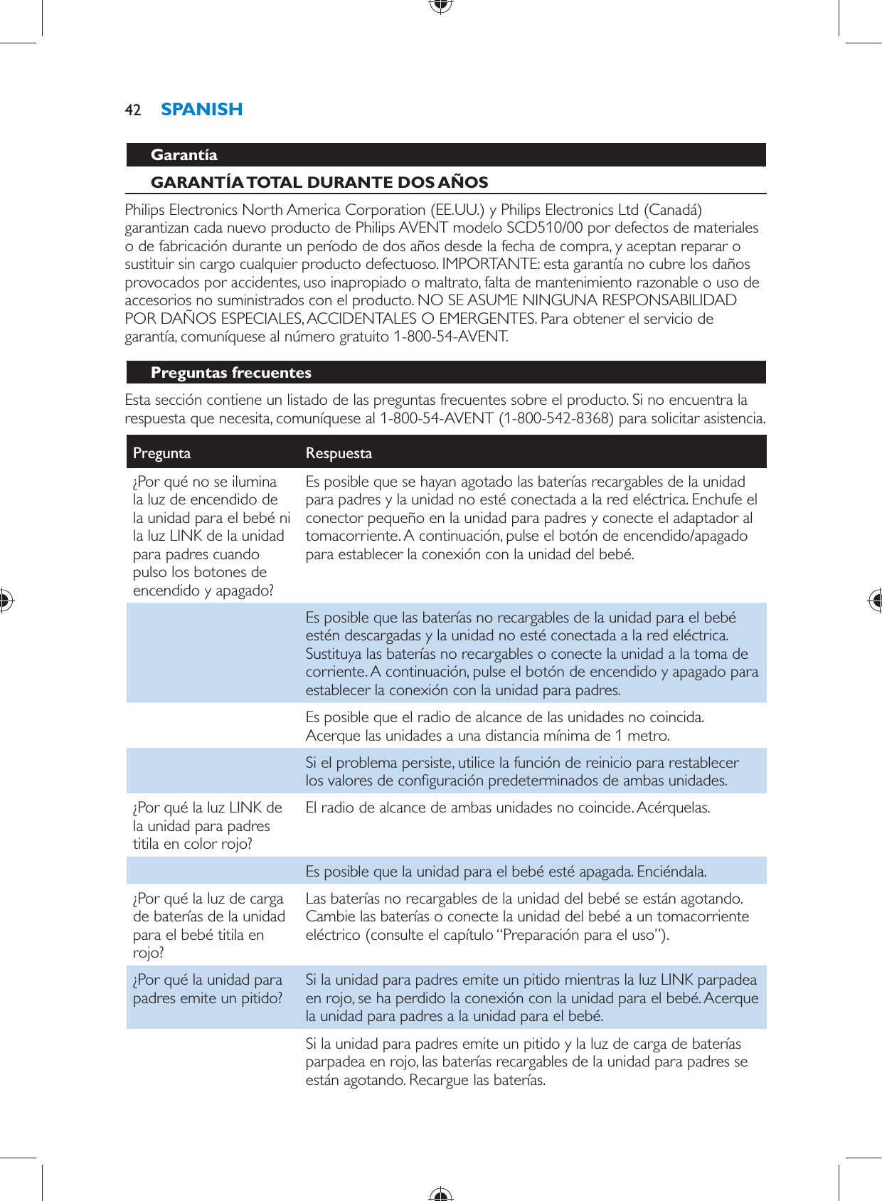     Garantía   GARANTÍA TOTAL DURANTE DOS AÑOS  Philips Electronics North America Corporation (EE.UU.) y Philips Electronics Ltd (Canadá) garantizan cada nuevo producto de Philips AVENT modelo SCD510/00 por defectos de materiales o de fabricación durante un período de dos años desde la fecha de compra, y aceptan reparar o sustituir sin cargo cualquier producto defectuoso. IMPORTANTE: esta garantía no cubre los daños provocados por accidentes, uso inapropiado o maltrato, falta de mantenimiento razonable o uso de accesorios no suministrados con el producto. NO SE ASUME NINGUNA RESPONSABILIDAD POR DAÑOS ESPECIALES, ACCIDENTALES O EMERGENTES. Para obtener el servicio de garantía, comuníquese al número gratuito 1-800-54-AVENT.   Preguntas frecuentes  Esta sección contiene un listado de las preguntas frecuentes sobre el producto. Si no encuentra la respuesta que necesita, comuníquese al 1-800-54-AVENT (1-800-542-8368) para solicitar asistencia.Pregunta   Respuesta  ¿Por qué no se ilumina la luz de encendido de la unidad para el bebé ni la luz LINK de la unidad para padres cuando pulso los botones de encendido y apagado?  Es posible que se hayan agotado las baterías recargables de la unidad para padres y la unidad no esté conectada a la red eléctrica. Enchufe el conector pequeño en la unidad para padres y conecte el adaptador al tomacorriente. A continuación, pulse el botón de encendido/apagado para establecer la conexión con la unidad del bebé.    Es posible que las baterías no recargables de la unidad para el bebé estén descargadas y la unidad no esté conectada a la red eléctrica. Sustituya las baterías no recargables o conecte la unidad a la toma de corriente. A continuación, pulse el botón de encendido y apagado para establecer la conexión con la unidad para padres.    Es posible que el radio de alcance de las unidades no coincida. Acerque las unidades a una distancia mínima de 1 metro.    Si el problema persiste, utilice la función de reinicio para restablecer los valores de con guración predeterminados de ambas unidades.  ¿Por qué la luz LINK de la unidad para padres titila en color rojo?  El radio de alcance de ambas unidades no coincide. Acérquelas.    Es posible que la unidad para el bebé esté apagada. Enciéndala.  ¿Por qué la luz de carga de baterías de la unidad para el bebé titila en rojo?  Las baterías no recargables de la unidad del bebé se están agotando. Cambie las baterías o conecte la unidad del bebé a un tomacorriente eléctrico (consulte el capítulo “Preparación para el uso”).  ¿Por qué la unidad para padres emite un pitido?   Si la unidad para padres emite un pitido mientras la luz LINK parpadea en rojo, se ha perdido la conexión con la unidad para el bebé. Acerque la unidad para padres a la unidad para el bebé.    Si la unidad para padres emite un pitido y la luz de carga de baterías parpadea en rojo, las baterías recargables de la unidad para padres se están agotando. Recargue las baterías.SPANISH42