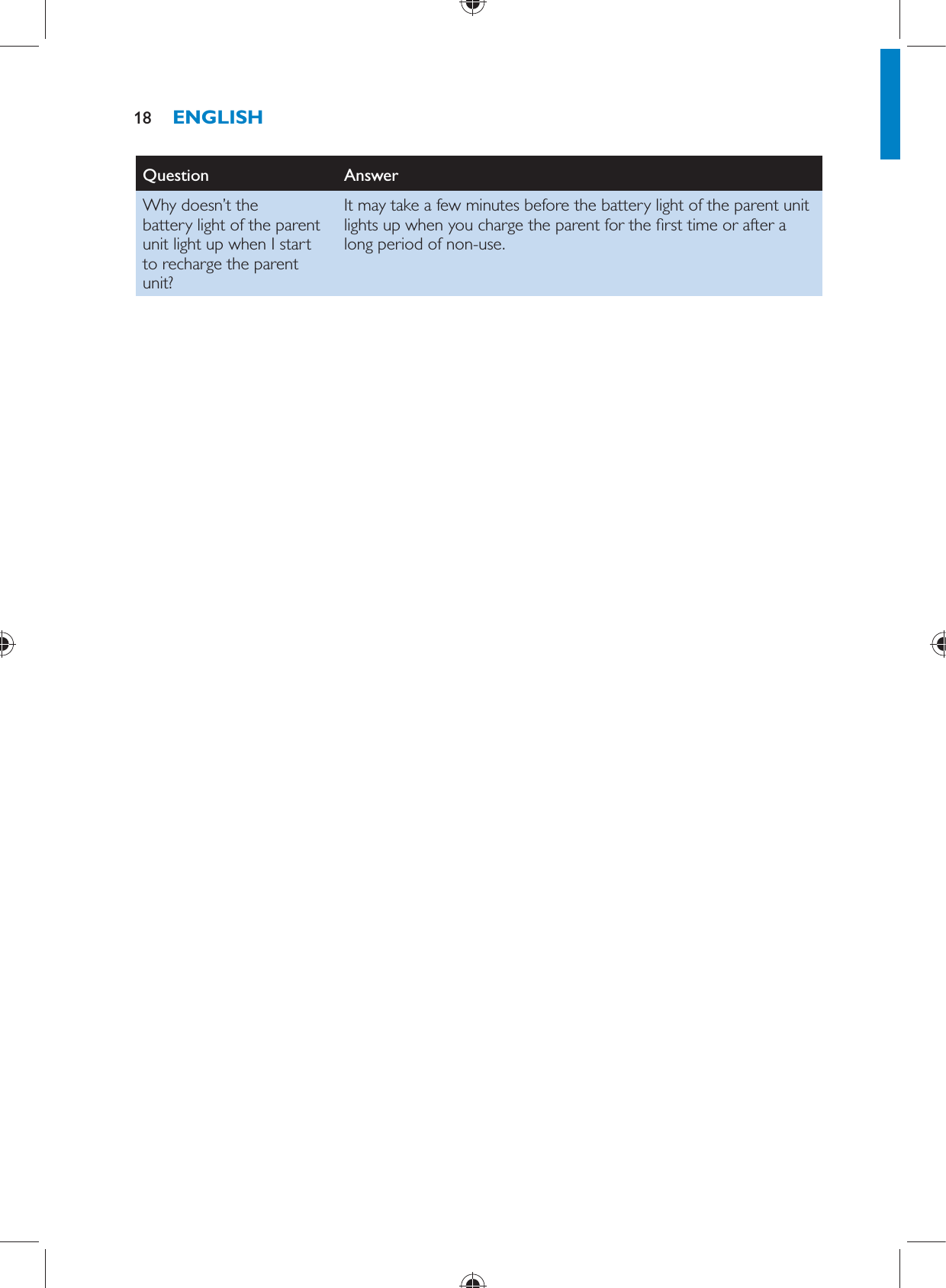 Question   Answer  Why doesn’t the battery light of the parent unit light up when I start to recharge the parent unit?  It may take a few minutes before the battery light of the parent unit lights up when you charge the parent for the  rst time or after a long period of non-use.   ENGLISH18