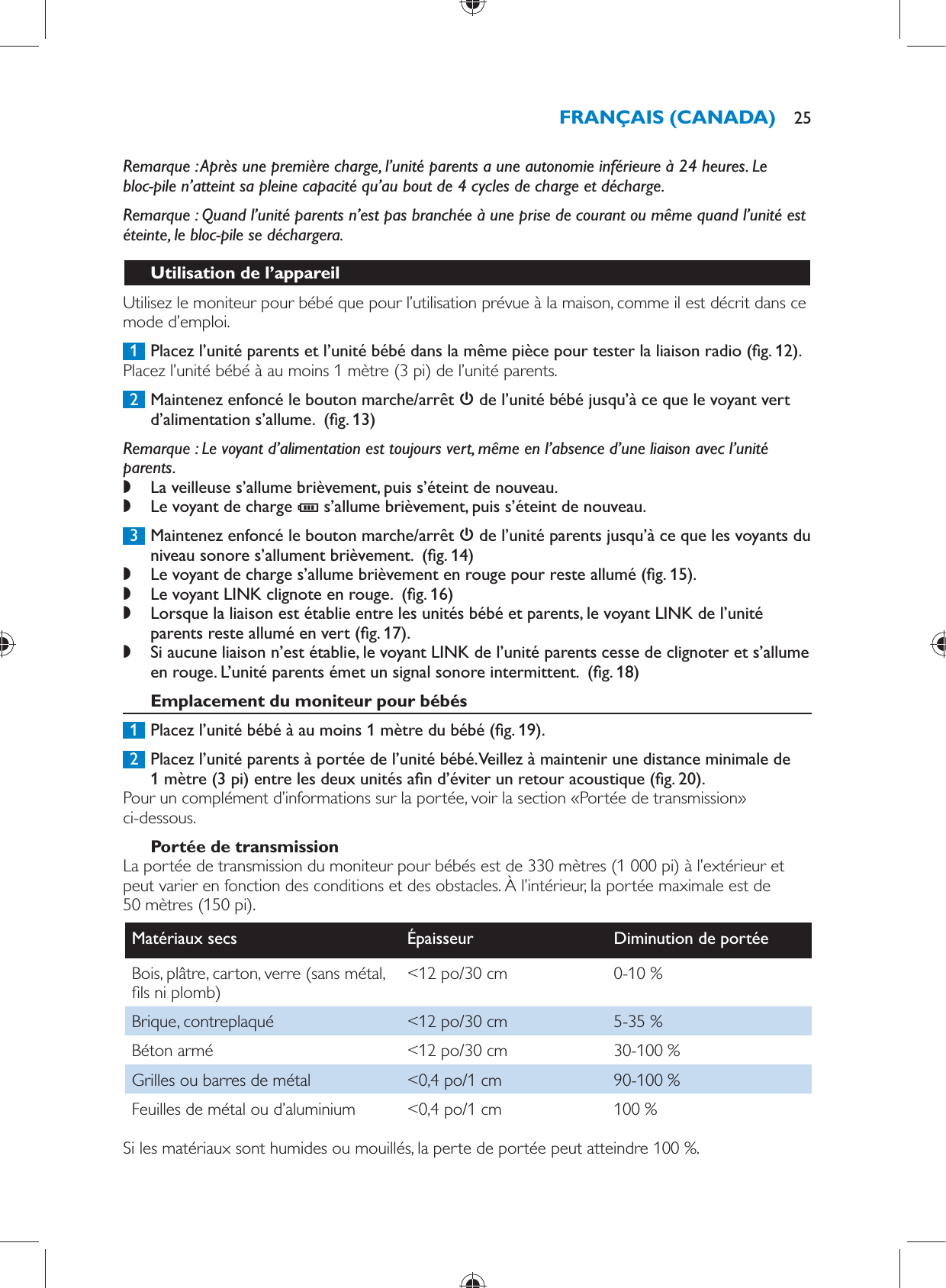        Remarque :  Après une première charge, l’unité parents a une autonomie inférieure à 24 heures. Le bloc-pile n’atteint sa pleine capacité qu’au bout de 4 cycles de charge et décharge.   Remarque :  Quand l’unité parents n’est pas branchée à une prise de courant ou même quand l’unité est éteinte, le bloc-pile se déchargera.    Utilisation de l’appareil  Utilisez le moniteur pour bébé que pour l’utilisation prévue à la maison, comme il est décrit dans ce mode d’emploi.     1  Placez l’unité parents et l’unité bébé dans la même pièce pour tester la liaison radio  ( g. 12) .  Placez l’unité bébé à au moins 1 mètre (3 pi) de l’unité parents.     2  Maintenez enfoncé le bouton marche/arrêt    de l’unité bébé jusqu’à ce que le voyant vert d’alimentation s’allume.   ( g. 13)    Remarque :  Le voyant d’alimentation est toujours vert, même en l’absence d’une liaison avec l’unité parents. ,    La veilleuse s’allume brièvement, puis s’éteint de nouveau. ,    Le voyant de charge  C  s’allume brièvement, puis s’éteint de nouveau.        3  Maintenez enfoncé le bouton marche/arrêt    de l’unité parents jusqu’à ce que les voyants du niveau sonore s’allument brièvement.   ( g. 14)  ,    Le voyant de charge s’allume brièvement en rouge pour reste allumé  ( g. 15) . ,    Le voyant LINK clignote en rouge.   ( g. 16)  ,    Lorsque la liaison est établie entre les unités bébé et parents, le voyant LINK de l’unité parents reste allumé en vert  ( g. 17) . ,    Si aucune liaison n’est établie, le voyant LINK de l’unité parents cesse de clignoter et s’allume en rouge. L’unité parents émet un signal sonore intermittent.   ( g. 18)        Emplacement du moniteur pour bébés     1  Placez l’unité bébé à au moins 1 mètre du bébé  ( g. 19) .     2  Placez l’unité parents à portée de l’unité bébé. Veillez à maintenir une distance minimale de 1 mètre (3 pi) entre les deux unités a n d’éviter un retour acoustique  ( g. 20) .  Pour un complément d’informations sur la portée, voir la section «Portée de transmission» ci-dessous.      Portée de transmission  La portée de transmission du moniteur pour bébés est de 330 mètres (1 000 pi) à l’extérieur et peut varier en fonction des conditions et des obstacles. À l’intérieur, la portée maximale est de 50 mètres (150 pi).Matériaux secs   Épaisseur   Diminution de portée  Bois, plâtre, carton, verre (sans métal,  ls ni plomb)   &lt;12 po/30 cm   0-10 %  Brique, contreplaqué   &lt;12 po/30 cm   5-35 %  Béton armé   &lt;12 po/30 cm   30-100 %  Grilles ou barres de métal   &lt;0,4 po/1 cm   90-100 %  Feuilles de métal ou d’aluminium   &lt;0,4 po/1 cm   100 %  Si les matériaux sont humides ou mouillés, la perte de portée peut atteindre 100 %.FRANÇAIS (CANADA) 25