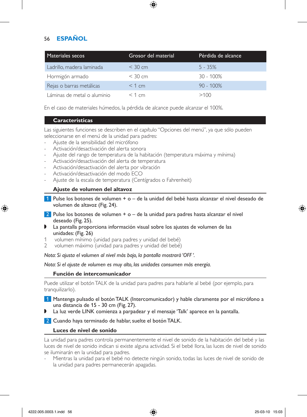 Materiales secos Grosor del material Pérdida de alcanceLadrillo, madera laminada &lt; 30 cm 5 - 35%Hormigón armado &lt; 30 cm 30 - 100%Rejas o barras metálicas &lt; 1 cm 90 - 100%Láminas de metal o aluminio &lt; 1 cm &gt;100En el caso de materiales húmedos, la pérdida de alcance puede alcanzar el 100%.Las siguientes funciones se describen en el capítulo “Opciones del menú”, ya que sólo pueden seleccionarse en el menú de la unidad para padres:  - Ajuste de la sensibilidad del micrófono - Activación/desactivación del alerta sonora - Ajuste del rango de temperatura de la habitación (temperatura máxima y mínima) - Activación/desactivación del alerta de temperatura - Activación/desactivación del alerta por vibración - Activación/desactivación del modo ECO - Ajuste de la escala de temperatura (Centígrados o Fahrenheit) 1  Pulse los botones de volumen + o – de la unidad del bebé hasta alcanzar el nivel deseado de volumen de altavoz (Fig. 24). 2  Pulse los botones de volumen + o – de la unidad para padres hasta alcanzar el nivel deseado (Fig. 25). ,La pantalla proporciona información visual sobre los ajustes de volumen de las unidades: (Fig. 26)1   volumen mínimo (unidad para padres y unidad del bebé) 2   volumen máximo (unidad para padres y unidad del bebé) Nota: Si ajusta el volumen al nivel más bajo, la pantalla mostrará ‘OFF ‘. Nota: Si el ajuste de volumen es muy alto, las unidades consumen más energía. Puede utilizar el botón TALK de la unidad para padres para hablarle al bebé (por ejemplo, para tranquilizarlo). 1  Mantenga pulsado el botón TALK (Intercomunicador) y hable claramente por el micrófono a una distancia de 15 - 30 cm (Fig. 27). ,La luz verde LINK comienza a parpadear y el mensaje ‘Talk’ aparece en la pantalla.  2  Cuando haya terminado de hablar, suelte el botón TALK.La unidad para padres controla permanentemente el nivel de sonido de la habitación del bebé y las luces de nivel de sonido indican si existe alguna actividad. Si el bebé llora, las luces de nivel de sonido se iluminarán en la unidad para padres.  - Mientras la unidad para el bebé no detecte ningún sonido, todas las luces de nivel de sonido de la unidad para padres permanecerán apagadas.564222.005.0003.1.indd   56 25-03-10   15:03