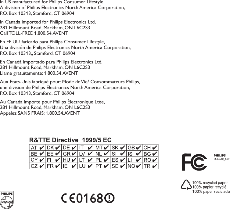 PHL-A480LF-GER100% papel recicladoSCD610_609In US manufactured for Philips Consumer Lifestyle,   A division of Philips Electronics North America Corporation,  P.O. Box 10313, Stamford, CT 06904 In Canada imported for Philips Electronics Ltd,281 Hillmount Road, Markham, ON L6C2S3Call TOLL-FREE 1.800.54.AVENTEn EE.UU. faricado para Philips Consumer Lifestyle,  Una división de Philips Electronics North America Corporation,  P.O. Box 10313,, Stamford, CT 06904 En Canadá importado para Philips Electronics Ltd,281 Hillmount Road, Markham, ON L6C2S3Llame gratuítamente: 1.800.54.AVENT Aux États-Unis fabriqué pour: Mode de Vie/ Consommateurs Philips,  une division de Philips Electronics North America Corporation,  P.O. Box 10313, Stamford, CT 06904 Au Canada importé pour Philips Électronique Ltée,281 Hillmount Road, Markham, ON L6C2S3Appelez SANS FRAIS: 1.800.54.AVENT