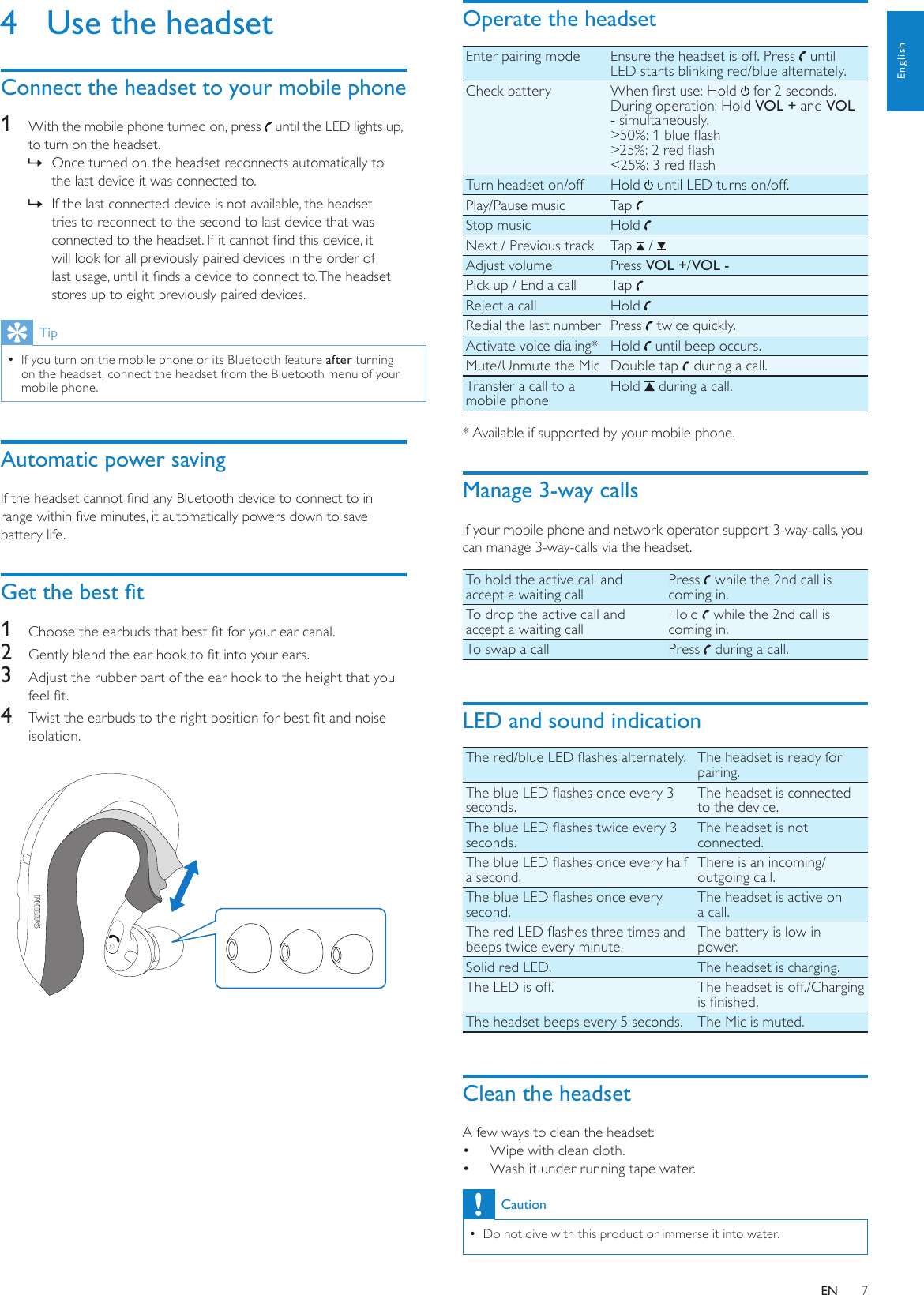 7Operate the headsetEnter pairing mode Ensure the headset is off. Press   until LED starts blinking red/blue alternately.Check battery When rst use: Hold   for 2 seconds.During operation: Hold VOL + and VOL - simultaneously. &gt;50%: 1 blue ash&gt;25%: 2 red ash&lt;25%: 3 red ashTurn headset on/off Hold   until LED turns on/off.Play/Pause music Tap Stop music Hold Next / Previous track Tap   / Adjust volume Press VOL +/VOL -Pick up / End a call Tap Reject a call Hold Redial the last number Press   twice quickly.Activate voice dialing* Hold   until beep occurs.Mute/Unmute the Mic Double tap   during a call.Transfer a call to a mobile phoneHold   during a call.* Available if supported by your mobile phone.Manage 3-way callsIf your mobile phone and network operator support 3-way-calls, you can manage 3-way-calls via the headset.To hold the active call and accept a waiting callPress   while the 2nd call is coming in.To drop the active call and accept a waiting callHold   while the 2nd call is coming in.To swap a call Press   during a call.LED and sound indicationThe red/blue LED ashes alternately. The headset is ready for pairing.The blue LED ashes once every 3 seconds.The headset is connected to the device.The blue LED ashes twice every 3 seconds.The headset is not connected.The blue LED ashes once every half a second.There is an incoming/outgoing call.The blue LED ashes once every second.The headset is active on a call.The red LED ashes three times and beeps twice every minute.The battery is low in power.Solid red LED. The headset is charging.The LED is off. The headset is off./Charging is nished.The headset beeps every 5 seconds. The Mic is muted.Clean the headsetA few ways to clean the headset:Wipe with clean cloth.• Wash it under running tape water.• CautionDo not dive with this product or immerse it into water. •4  Use the headsetConnect the headset to your mobile phone1  With the mobile phone turned on, press   until the LED lights up, to turn on the headset. Once turned on, the headset reconnects automatically to  »the last device it was connected to. If the last connected device is not available, the headset  »tries to reconnect to the second to last device that was connected to the headset. If it cannot nd this device, it will look for all previously paired devices in the order of last usage, until it nds a device to connect to. The headset stores up to eight previously paired devices.TipIf you turn on the mobile phone or its Bluetooth feature  •after turning on the headset, connect the headset from the Bluetooth menu of your mobile phone.Automatic power savingIf the headset cannot nd any Bluetooth device to connect to in range within ve minutes, it automatically powers down to save battery life.Get the best t1  Choose the earbuds that best t for your ear canal.2  Gently blend the ear hook to t into your ears.3  Adjust the rubber part of the ear hook to the height that you feel t.4  Twist the earbuds to the right position for best t and noise isolation.  EnglishEN