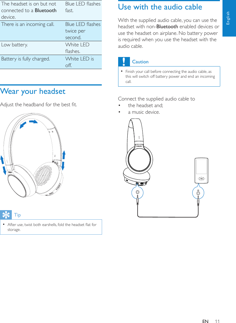 11EnglishUse with the audio cableWith the supplied audio cable, you can use the headset with non-Bluetooth enabled devices or use the headset on airplane. No battery power is required when you use the headset with the audio cable. CautionFinish your call before connecting the audio cable, as  •this will switch off battery power and end an incoming call.Connect the supplied audio cable tothe headset and;• a music device.•  The headset is on but not connected to a Bluetooth device.Blue LED ashes fast.There is an incoming call. Blue LED ashes twice per second.Low battery. White LED ashes.Battery is fully charged. White LED is off.Wear your headsetAdjust the headband for the best t. TipAfter use, twist both earshells, fold the headset at for  •storage.EN