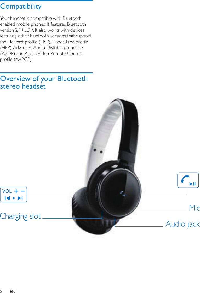 8CompatibilityYour headset is compatible with Bluetooth enabled mobile phones. It features Bluetooth version 2.1+EDR. It also works with devices featuring other Bluetooth versions that support the Headset prole (HSP), Hands-Free prole (HFP), Advanced Audio Distribution prole (A2DP) and Audio/Video Remote Control prole (AVRCP).Overview of your Bluetooth stereo headset EN