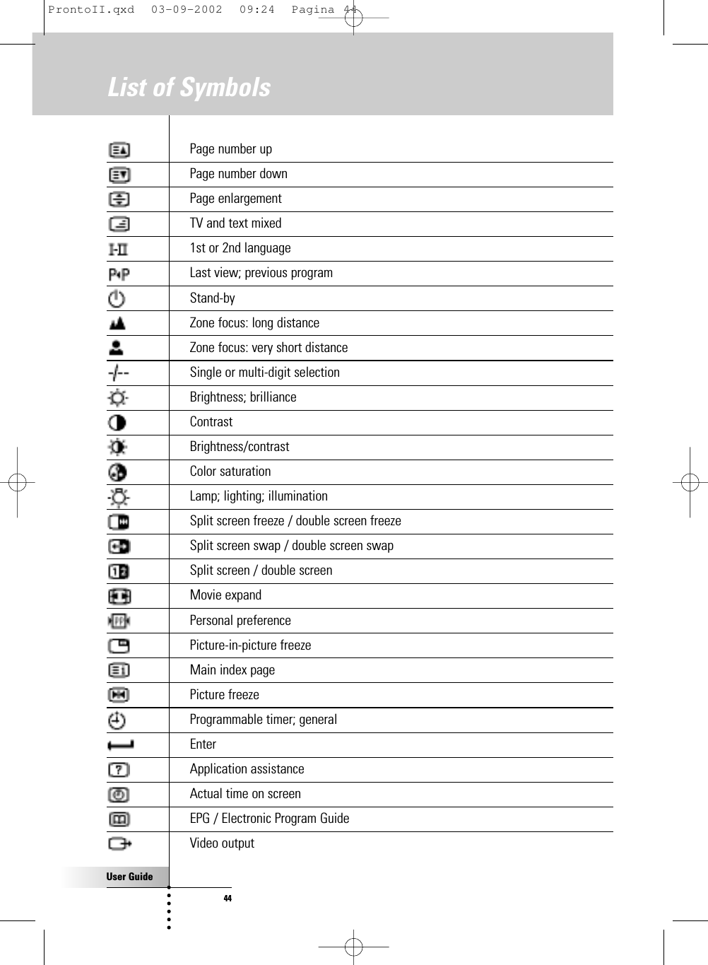 User Guide44List of Symbols Page number upPage number downPage enlargementTV and text mixed1st or 2nd languageLast view; previous programStand-byZone focus: long distanceZone focus: very short distanceSingle or multi-digit selectionBrightness; brillianceContrastBrightness/contrastColor saturationLamp; lighting; illuminationSplit screen freeze / double screen freezeSplit screen swap / double screen swapSplit screen / double screenMovie expandPersonal preferencePicture-in-picture freezeMain index pagePicture freezeProgrammable timer; generalEnterApplication assistanceActual time on screenEPG / Electronic Program GuideVideo outputProntoII.qxd  03-09-2002  09:24  Pagina 44