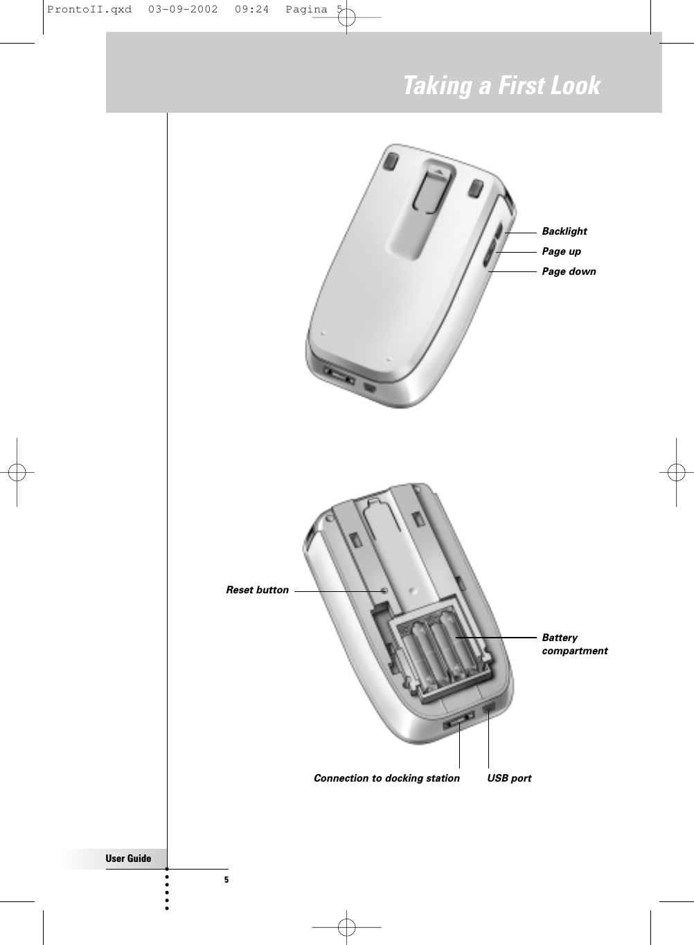 User Guide5Taking a First LookBacklightPage upPage downUSB portReset buttonConnection to docking stationBatterycompartmentProntoII.qxd  03-09-2002  09:24  Pagina 5