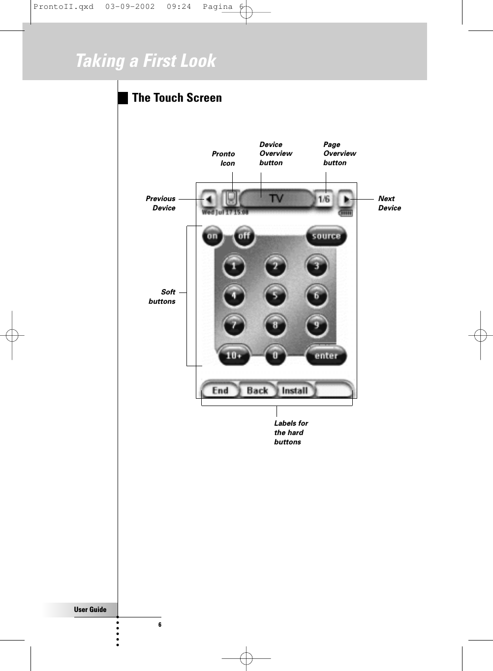 User Guide6Taking a First LookThe Touch Screen Labels forthe hardbuttonsNextDevicePreviousDeviceProntoIconDeviceOverviewbuttonPageOverviewbuttonSoftbuttonsProntoII.qxd  03-09-2002  09:24  Pagina 6