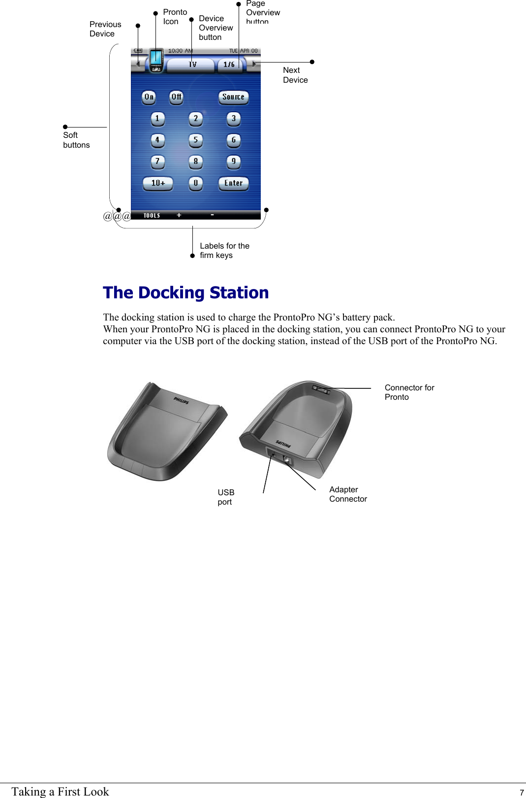 Taking a First Look  7    @@@    The Docking Station The docking station is used to charge the ProntoPro NG’s battery pack. When your ProntoPro NG is placed in the docking station, you can connect ProntoPro NG to your computer via the USB port of the docking station, instead of the USB port of the ProntoPro NG.      Pronto Icon  Device Overview buttonPage Overview buttonPrevious Device Next Device Soft buttons Labels for the firm keys USB port Adapter Connector Connector for Pronto 